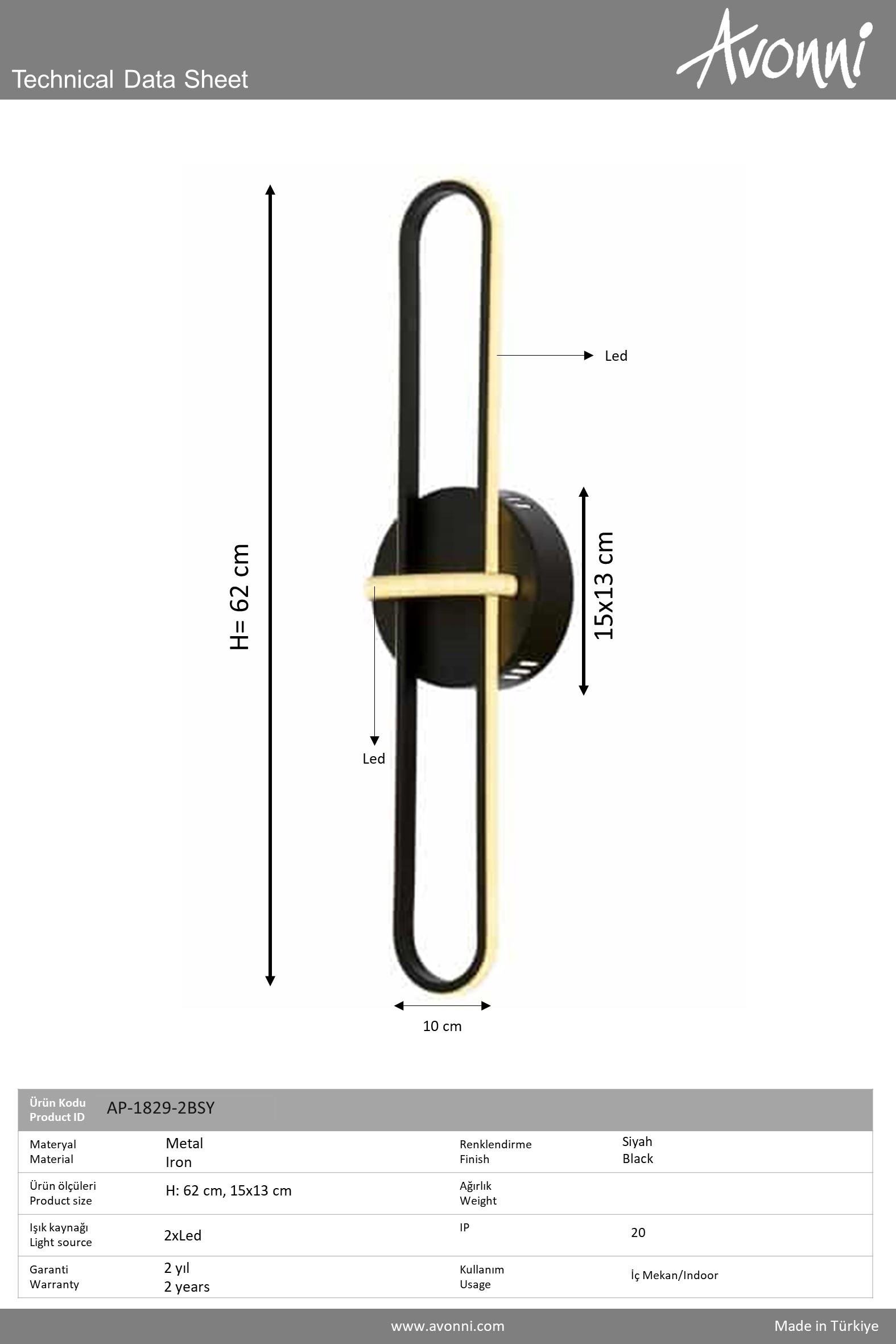 Siyah Boyalı Aplik AVONNİ AP-1829-2BSY