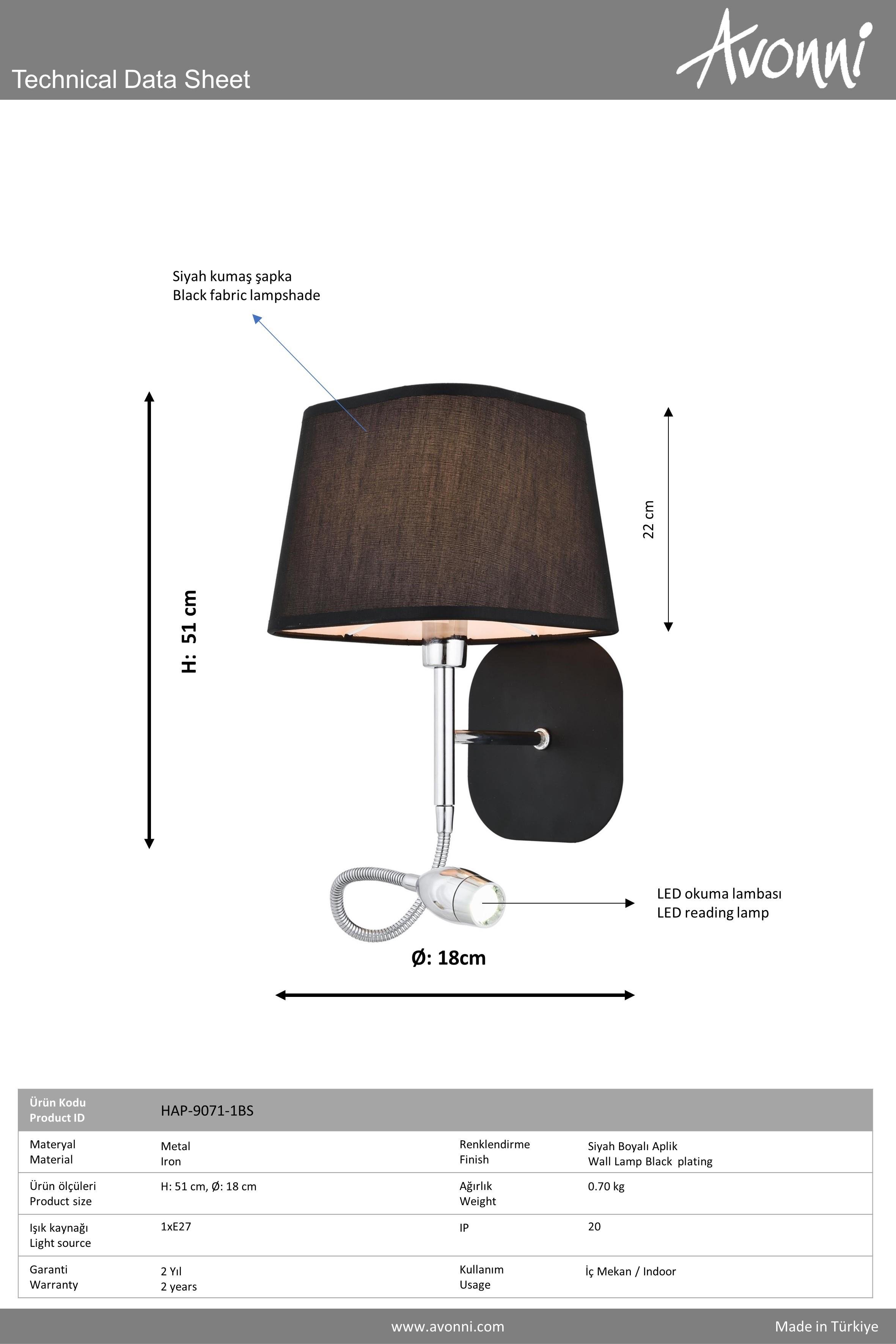 Siyah Boyalı Aplik AVONNİ-HAP-9071-1BS