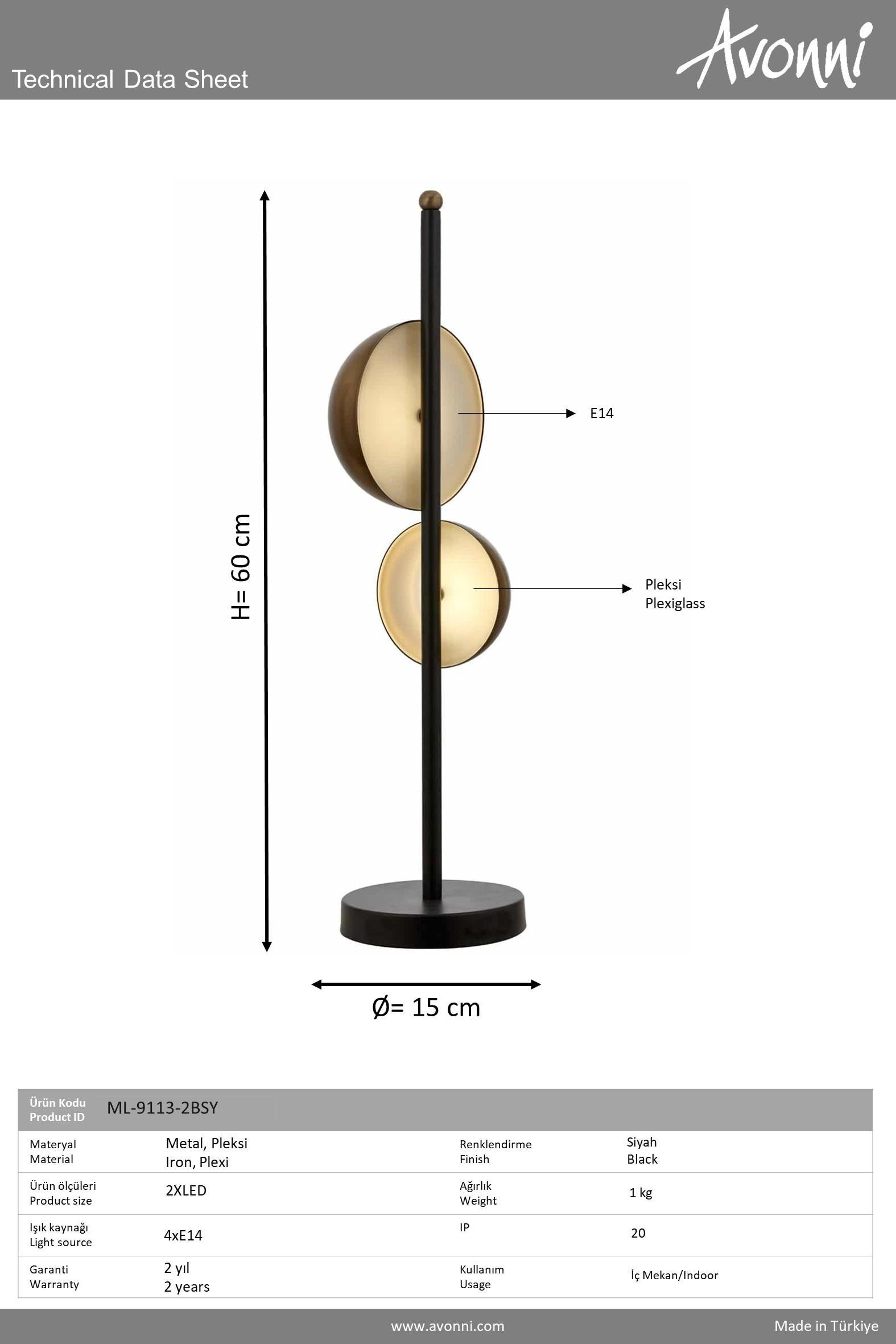 Siyah Boyalı Masa Lambası AVONNİ ML-9113-2BSY