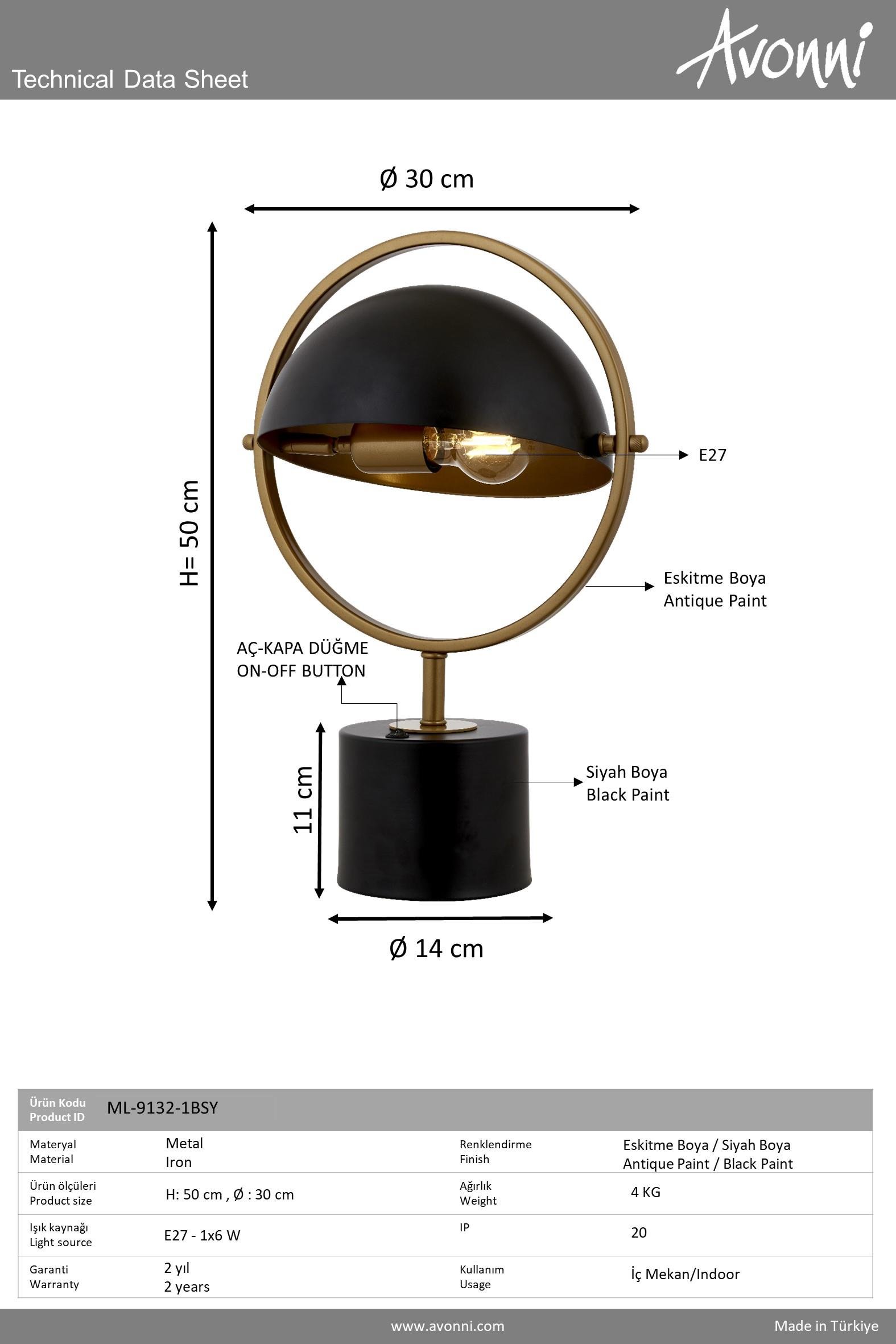 Siyah/Eskitme Boyalı Masa Lambası AVONNI ML-9132-1BSY