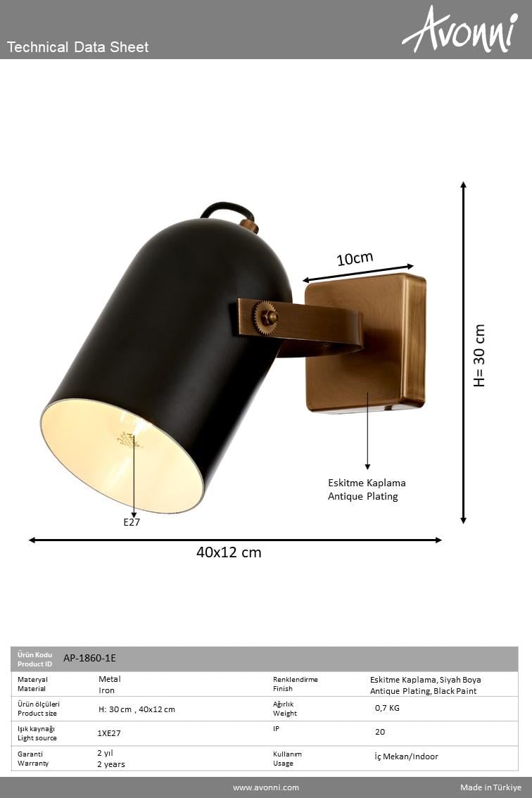 Siyah/Eskitme Boyalı/Kaplama Aplik AVONNI AP-1860-1E