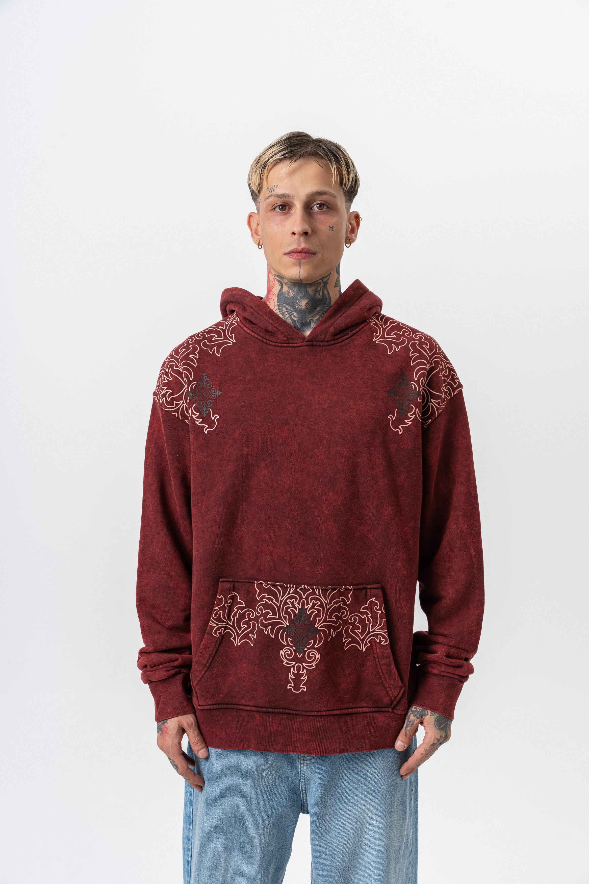 Erkek 10 Baskılı Yıkamalı Kapüşonlu Oversize Hoodie Bordo