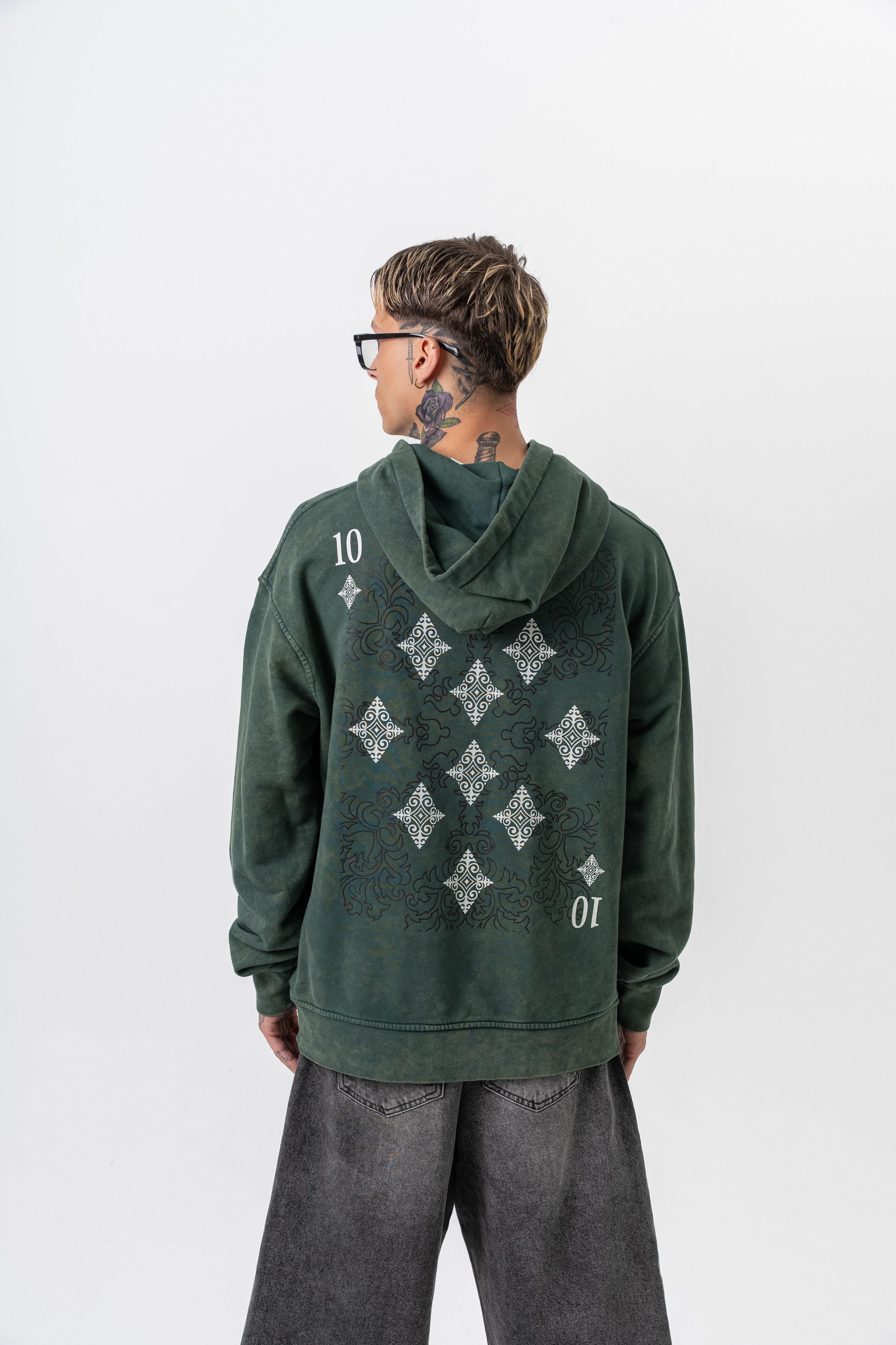 Erkek 10 Baskılı Yıkamalı Kapüşonlu Oversize Hoodie Yeşil