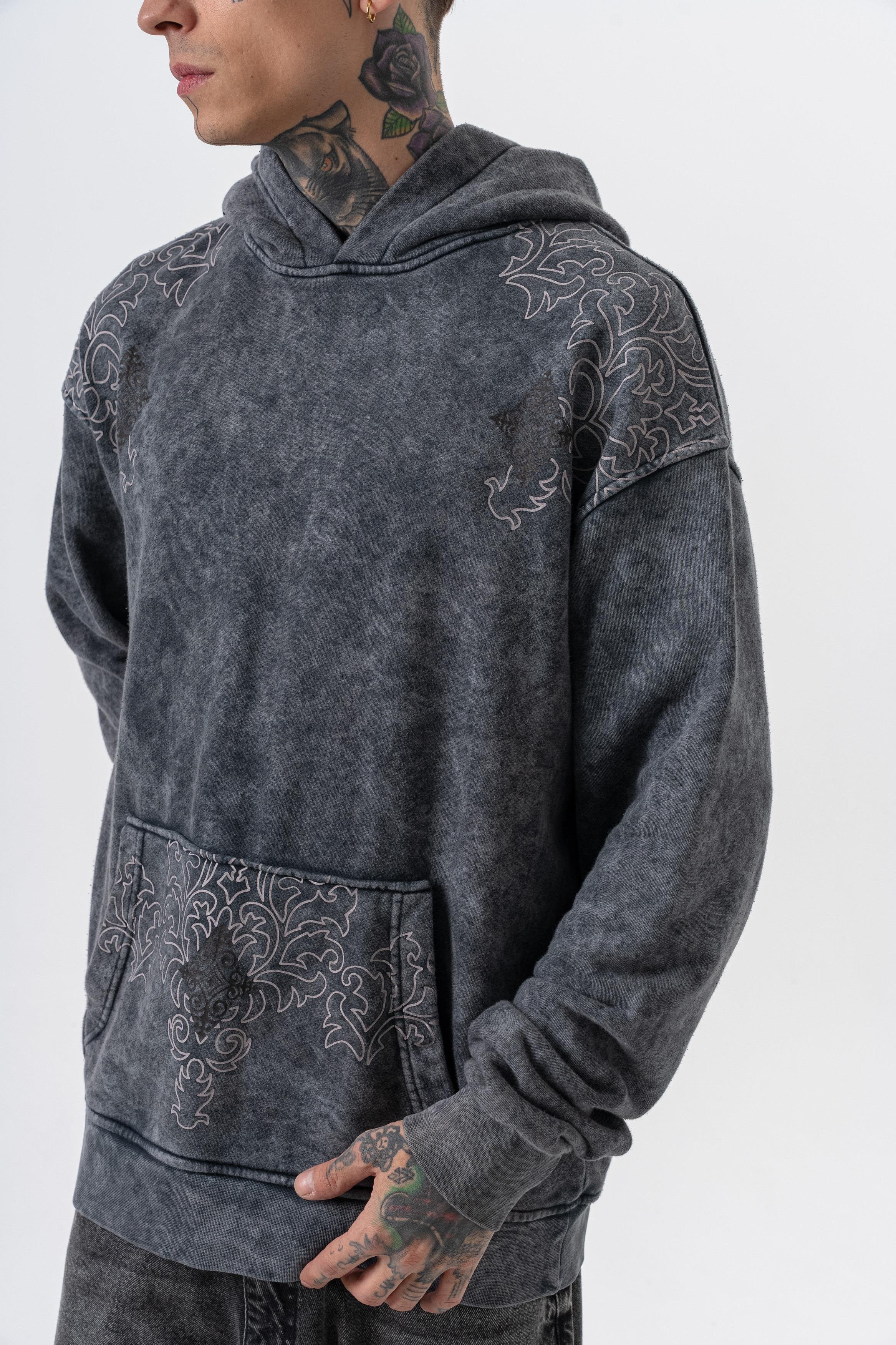 Erkek 10 Baskılı Yıkamalı Kapüşonlu Oversize Hoodie Siyah
