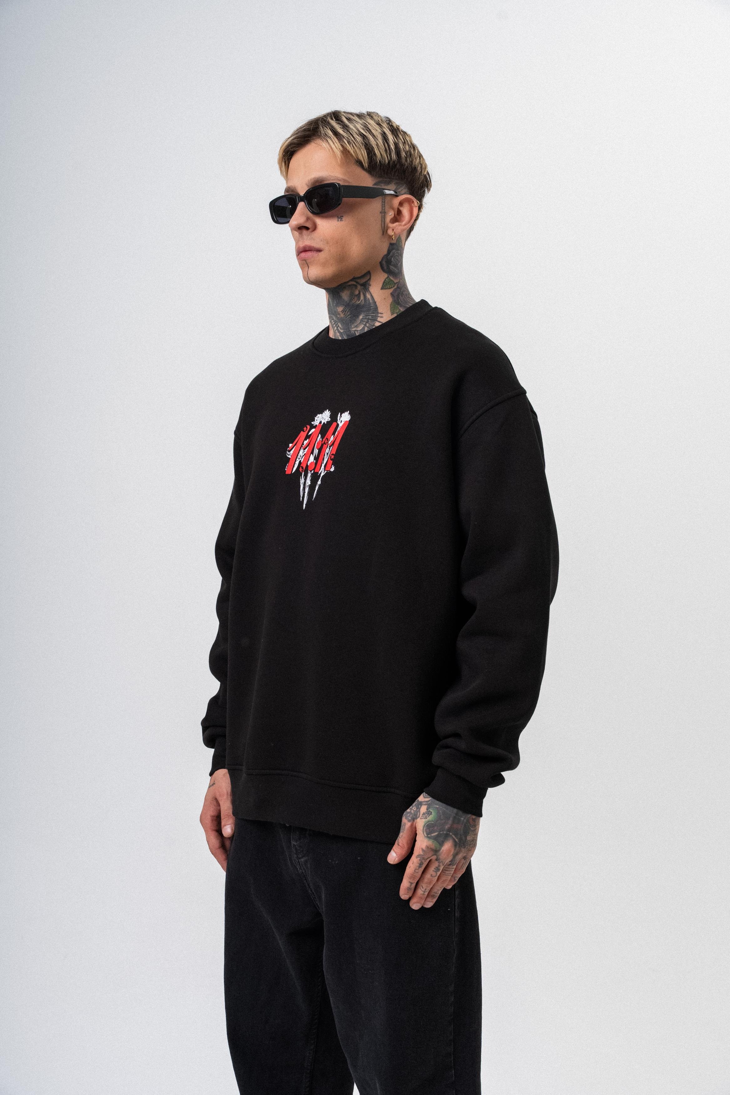 Erkek 11.11 Baskılı Bisiklet Yaka Oversize Sweatshirt Siyah