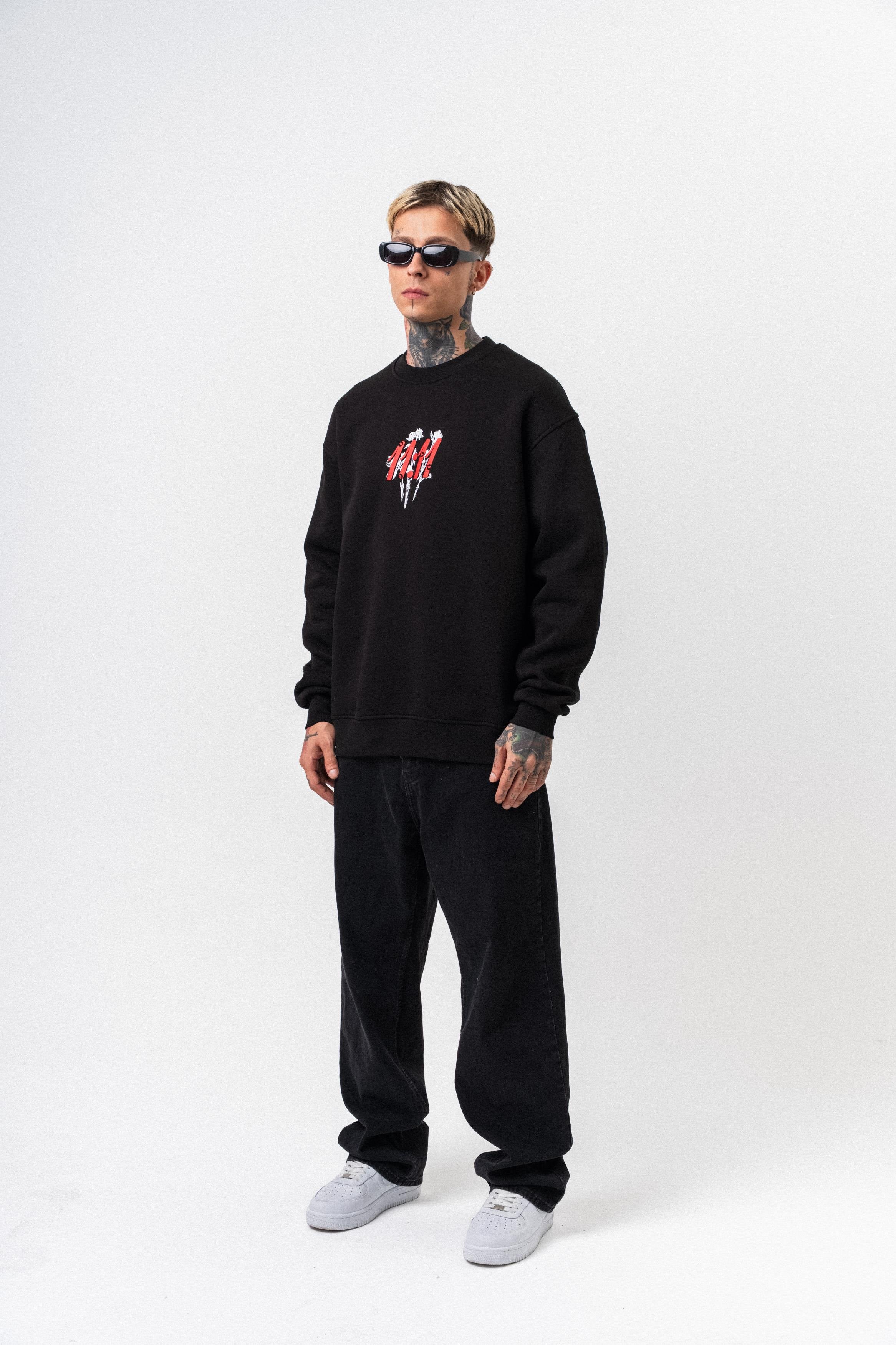 Erkek 11.11 Baskılı Bisiklet Yaka Oversize Sweatshirt Siyah