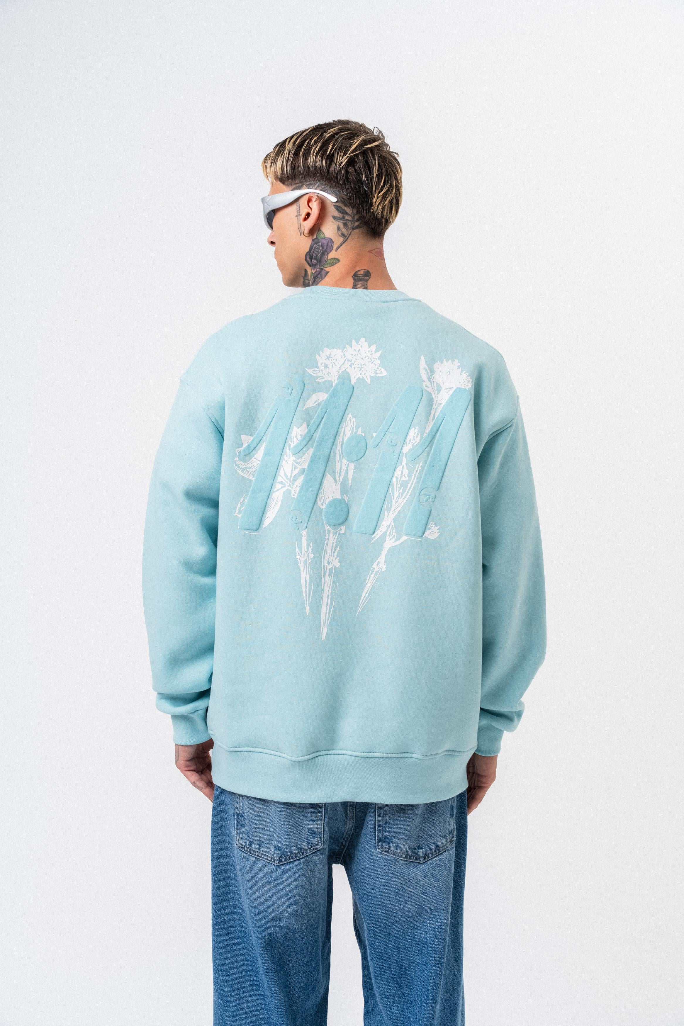 Erkek 11.11 Baskılı Bisiklet Yaka Oversize Sweatshirt Bebe Mavi
