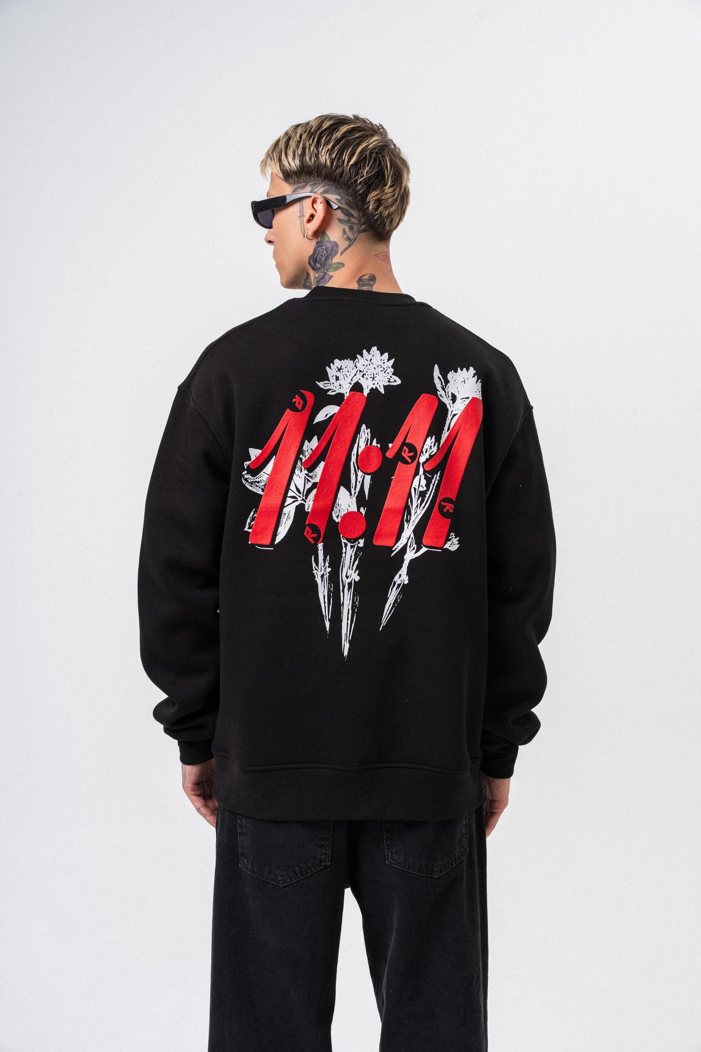 Erkek 11.11 Baskılı Bisiklet Yaka Oversize Sweatshirt Siyah