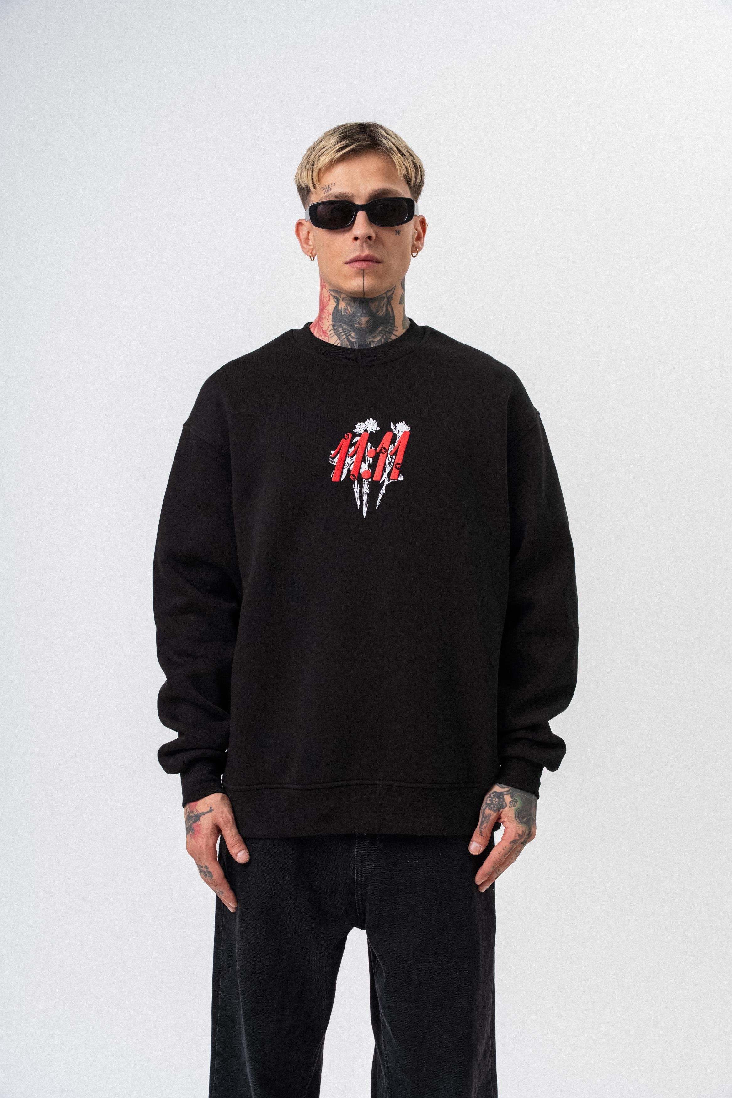 Erkek 11.11 Baskılı Bisiklet Yaka Oversize Sweatshirt Siyah