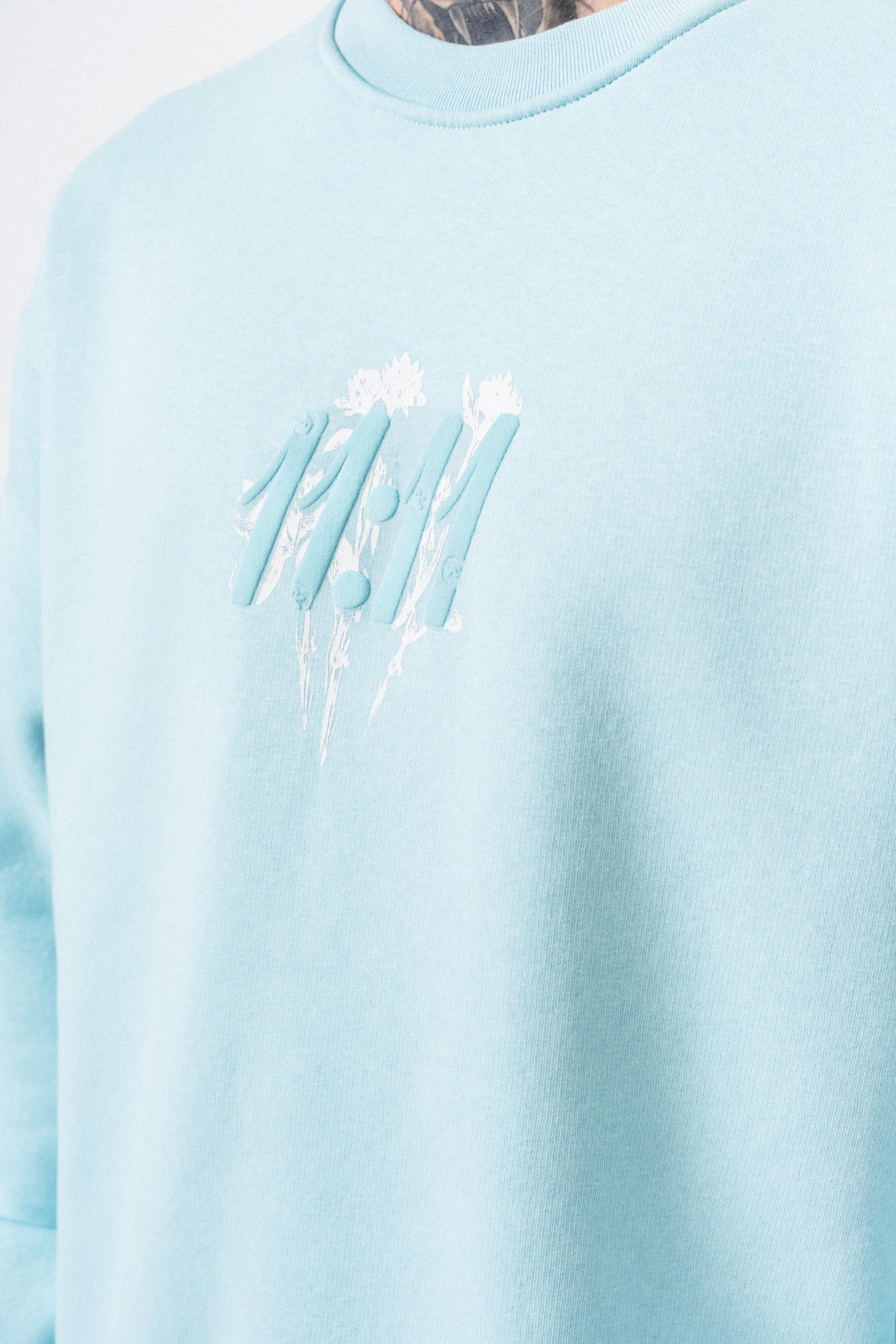 Erkek 11.11 Baskılı Bisiklet Yaka Oversize Sweatshirt Bebe Mavi
