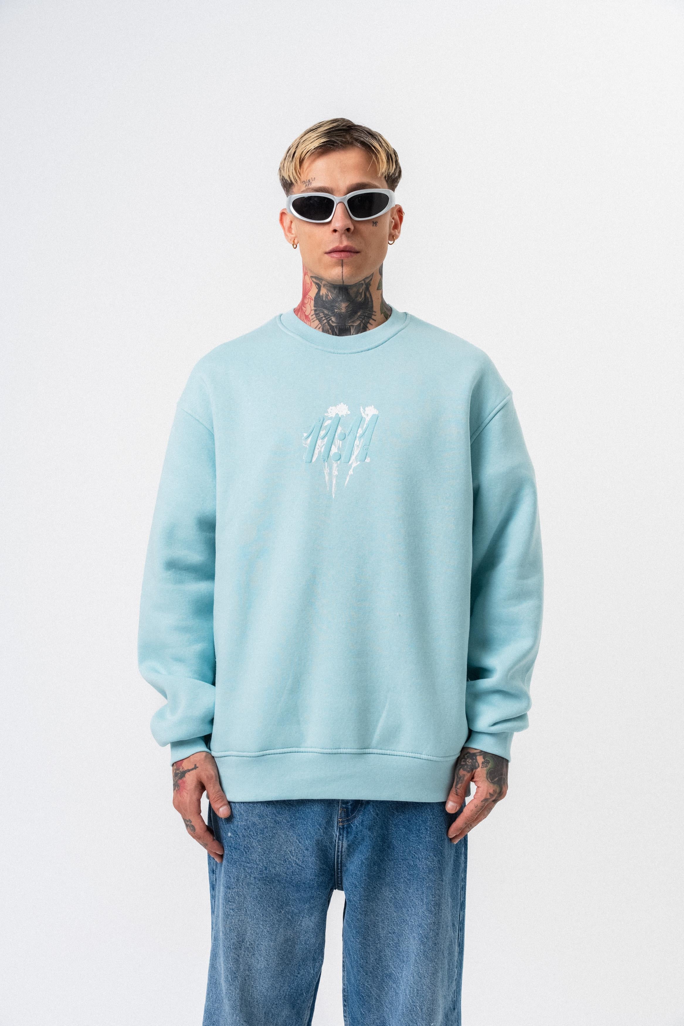 Erkek 11.11 Baskılı Bisiklet Yaka Oversize Sweatshirt Bebe Mavi