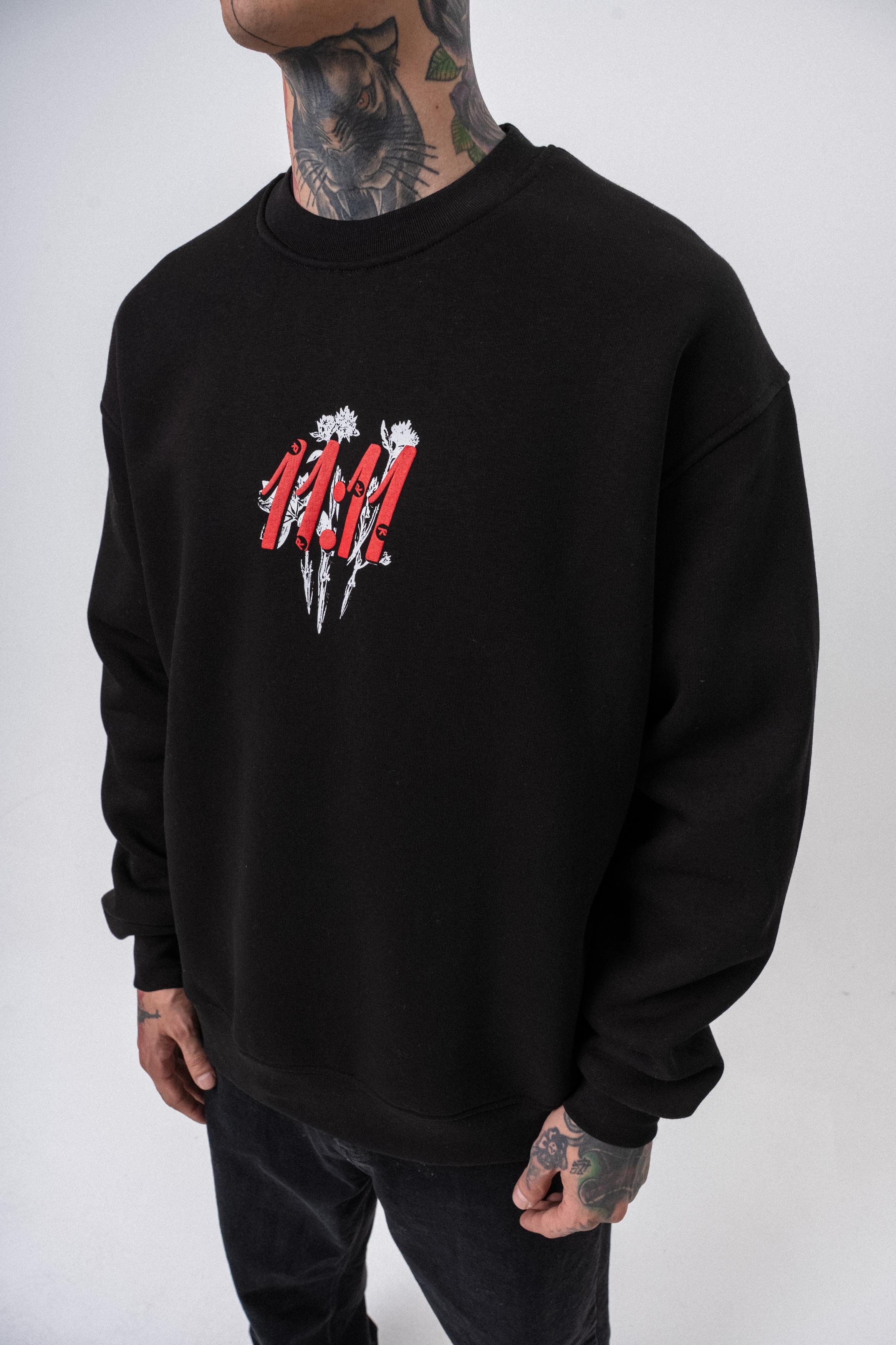 Erkek 11.11 Baskılı Bisiklet Yaka Oversize Sweatshirt Siyah