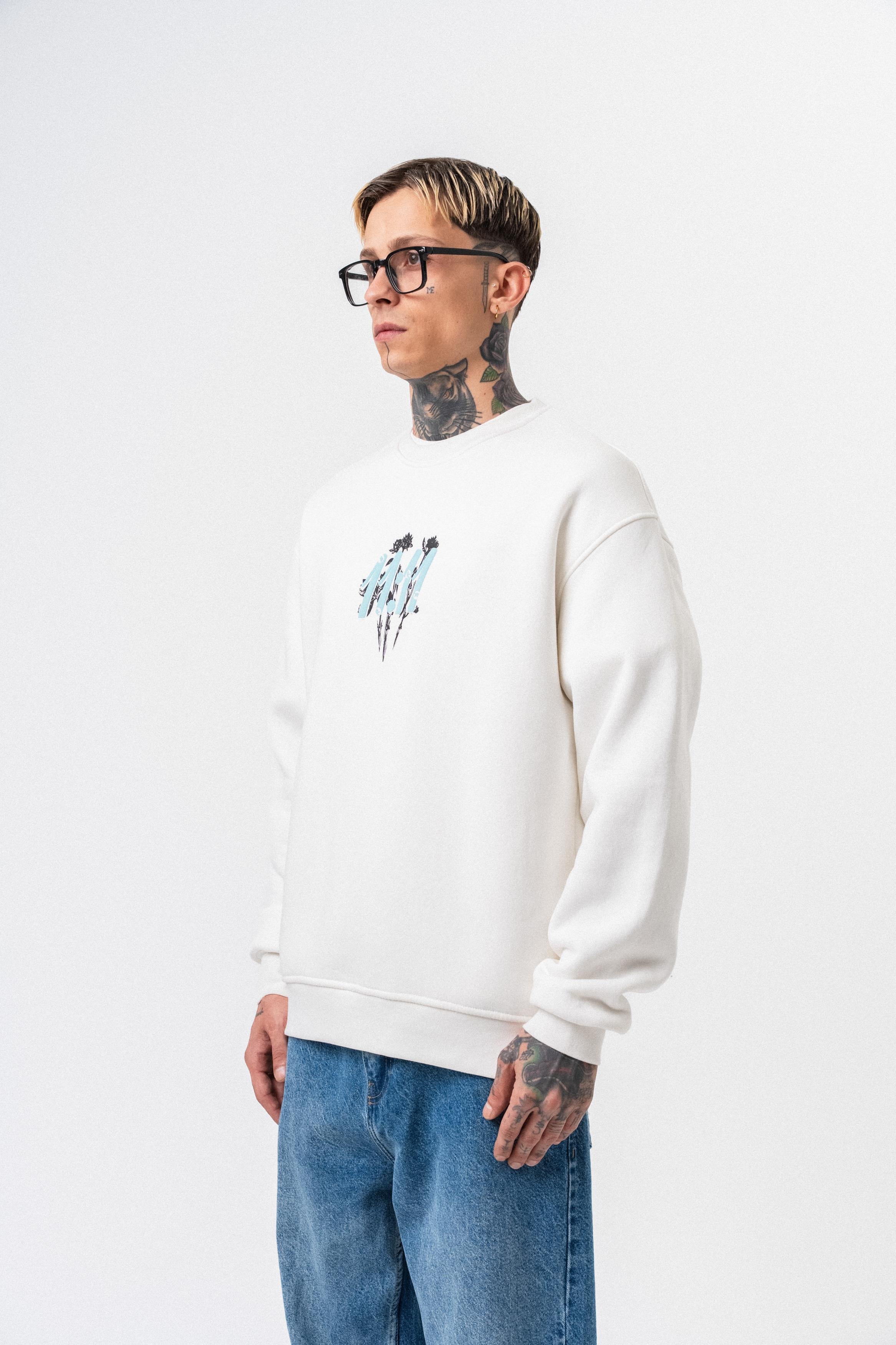 Erkek 11.11 Baskılı Bisiklet Yaka Oversize Sweatshirt Ekru