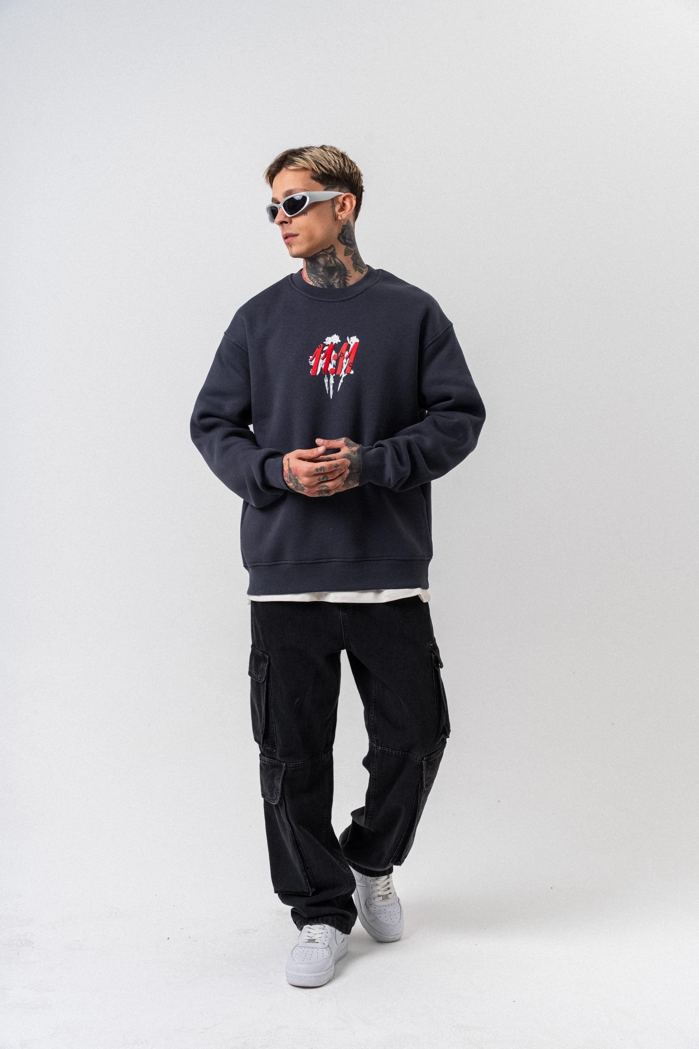 Erkek 11.11 Baskılı Bisiklet Yaka Oversize Sweatshirt Füme