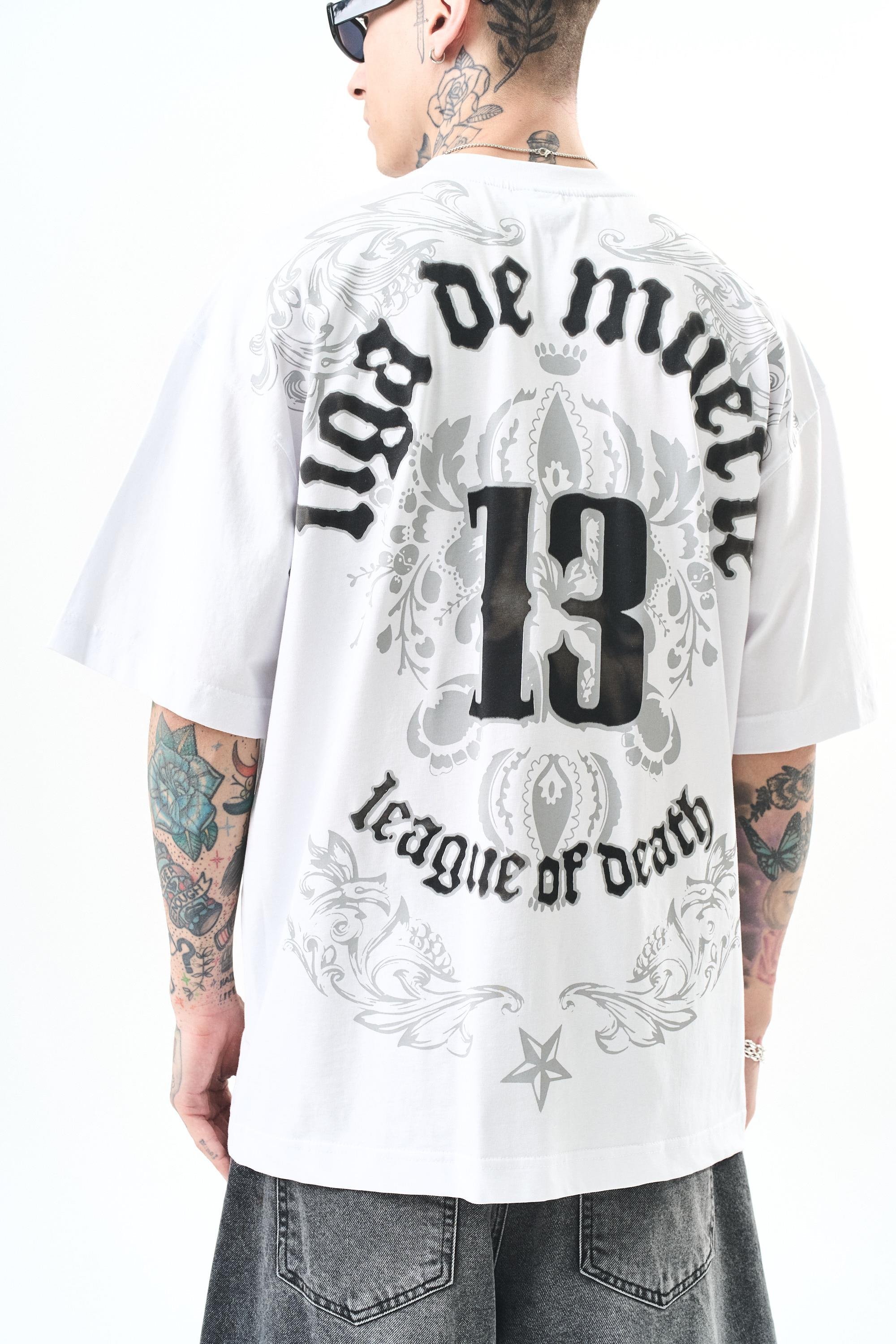 Erkek 13 Baskılı Oversize T-Shirt Beyaz