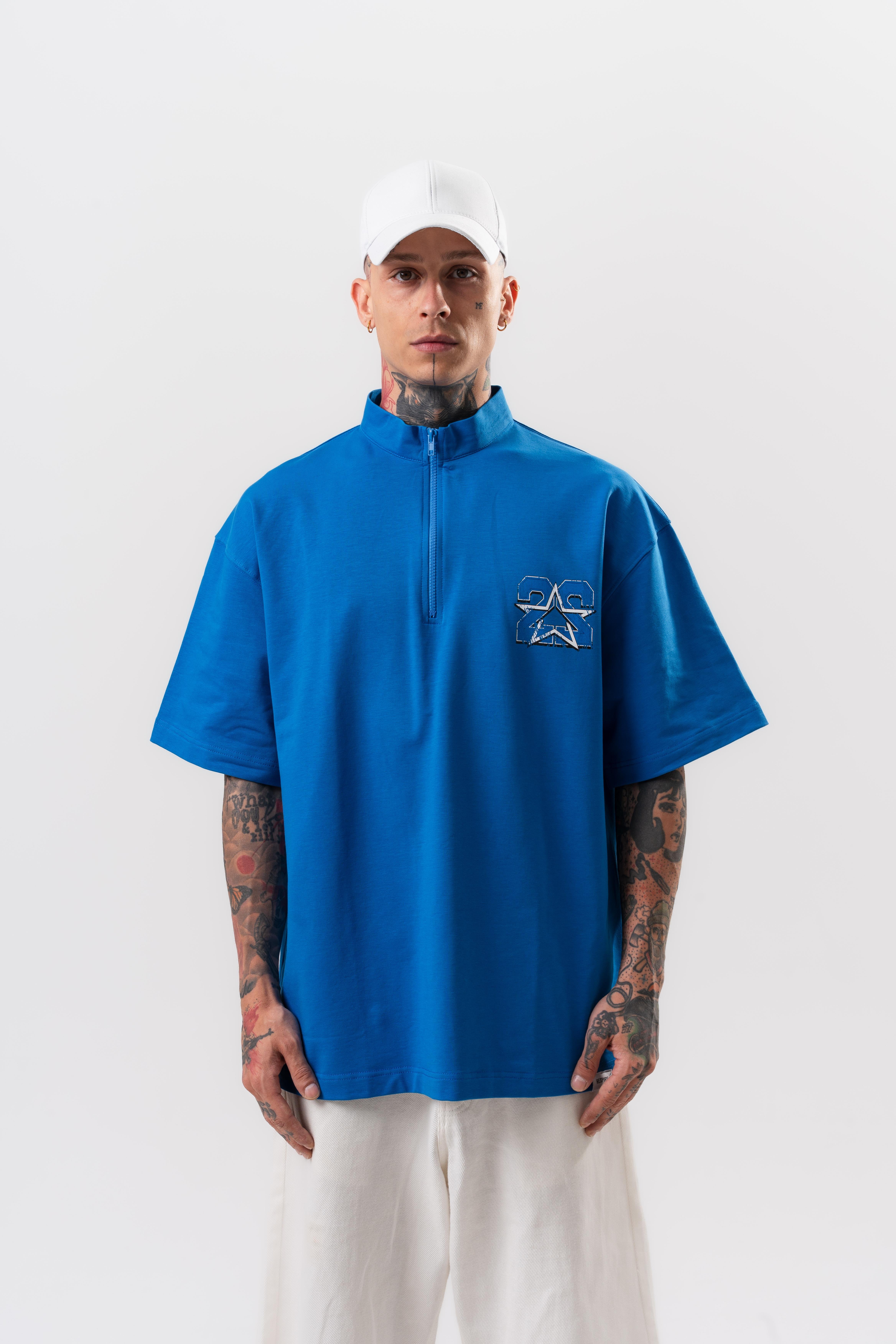 Erkek 22 Baskılı Yarım Fermuarlı Oversize T-Shirt Mavi