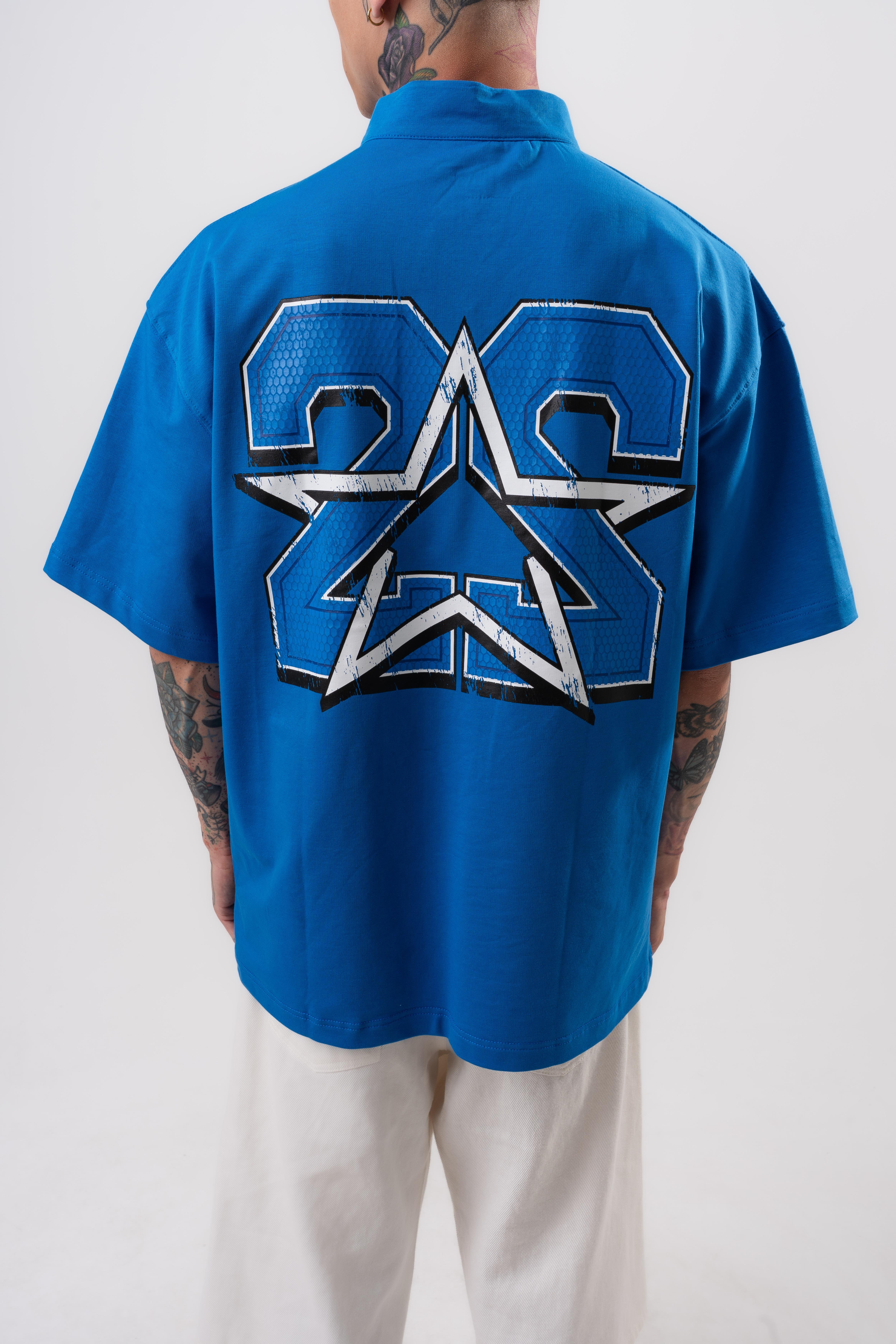 Erkek 22 Baskılı Yarım Fermuarlı Oversize T-Shirt Mavi