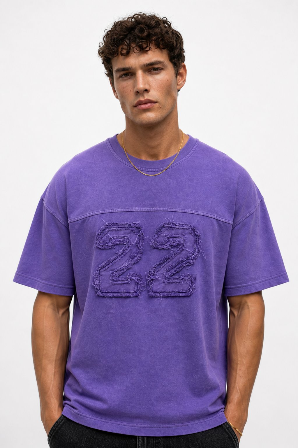Erkek 22 Nakışlı Yıkamalı Oversize T-Shirt Mor