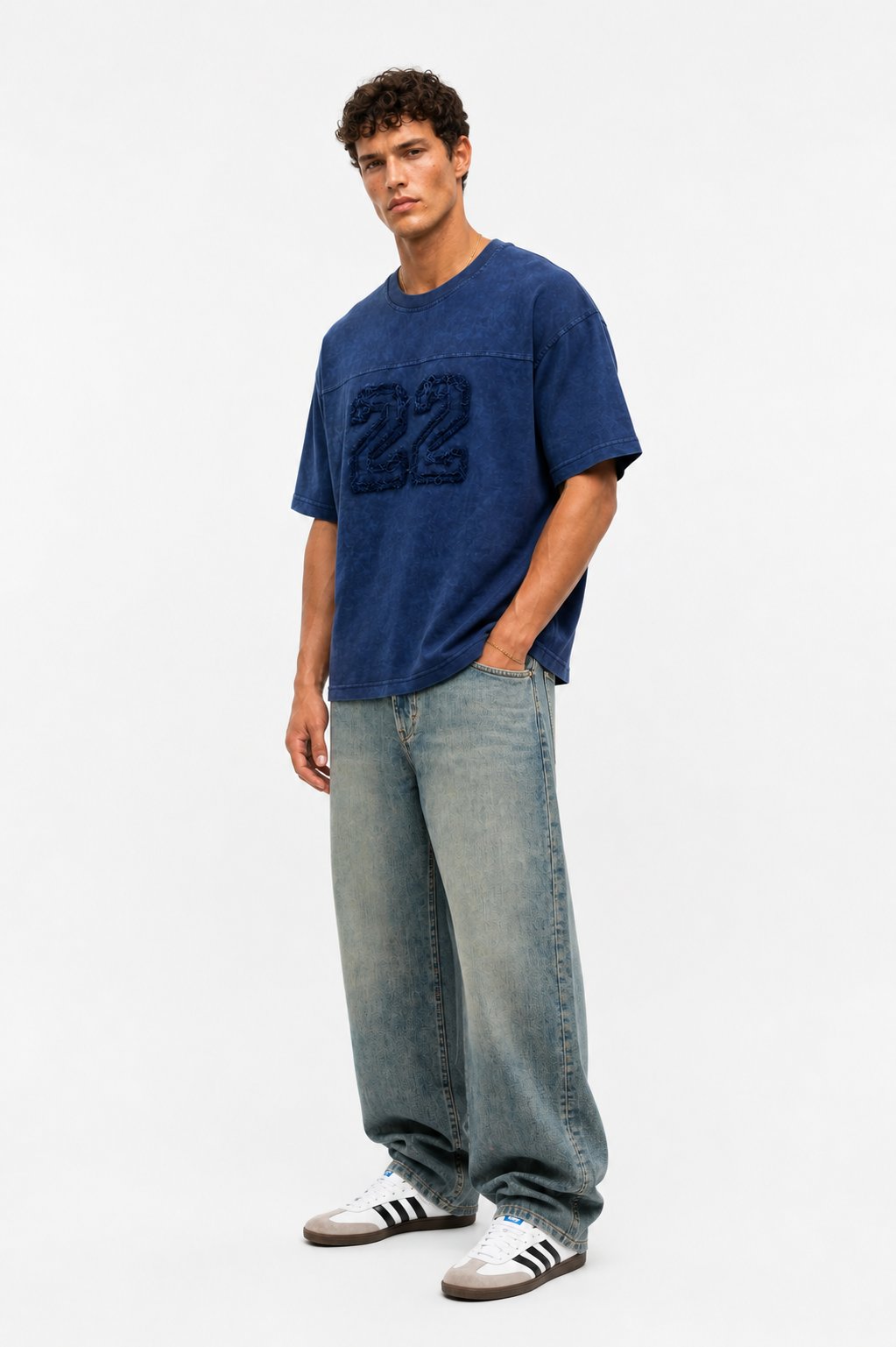 Erkek 22 Nakışlı Yıkamalı Oversize T-Shirt Lacivert
