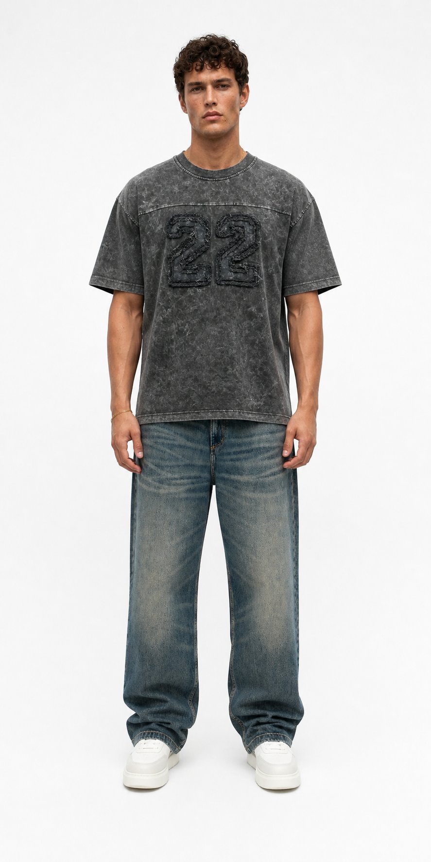 Erkek 22 Nakışlı Yıkamalı Oversize T-Shirt Siyah