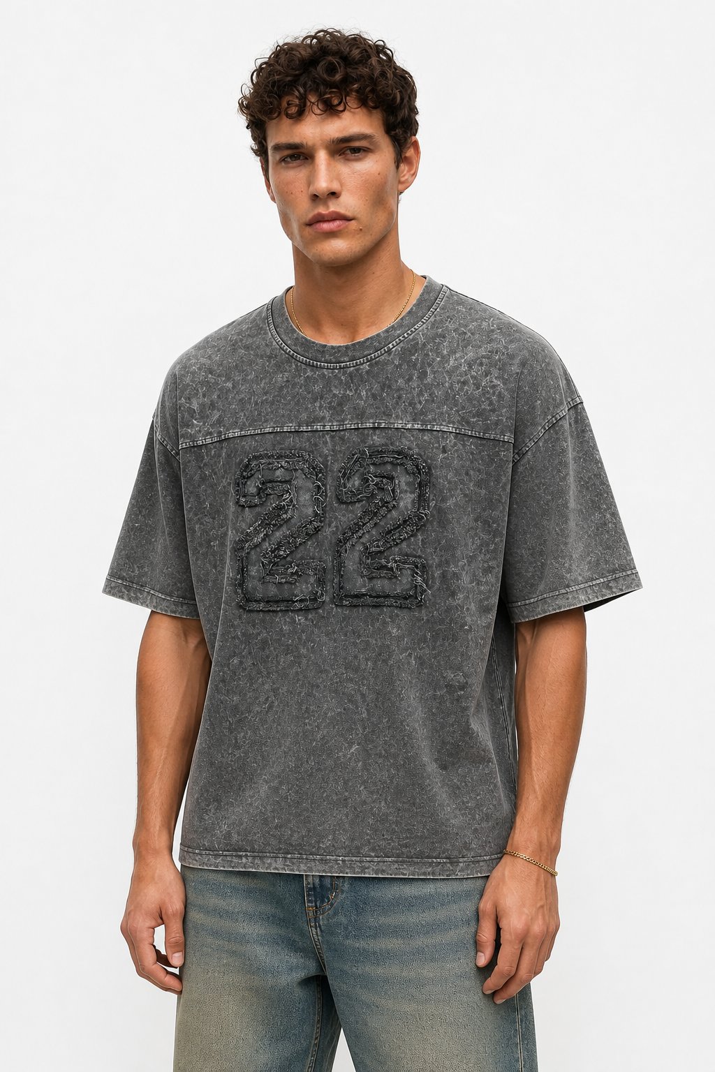 Erkek 22 Nakışlı Yıkamalı Oversize T-Shirt Siyah