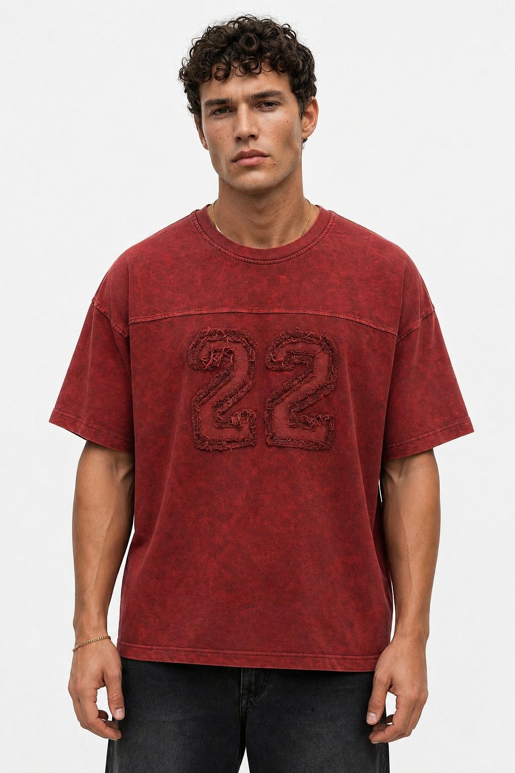 Erkek 22 Nakışlı Yıkamalı Oversize T-Shirt Bordo