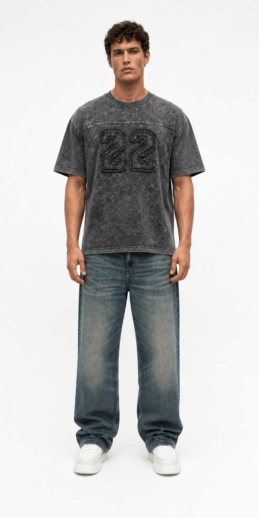 Erkek 22 Nakışlı Yıkamalı Oversize T-Shirt Siyah