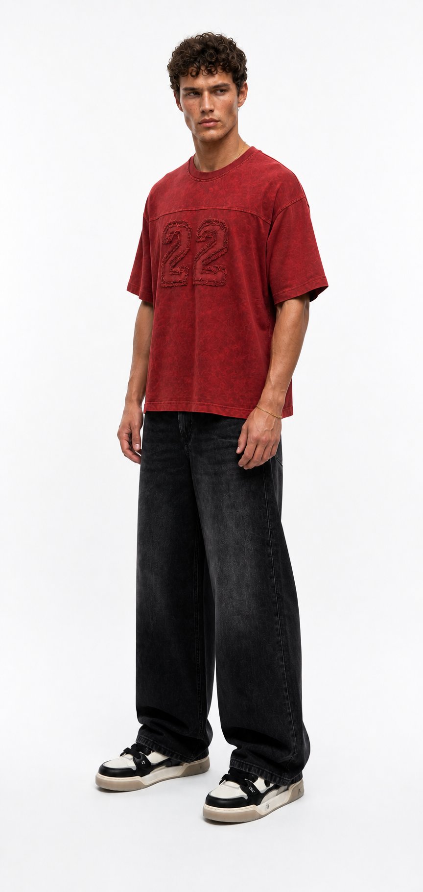 Erkek 22 Nakışlı Yıkamalı Oversize T-Shirt Bordo