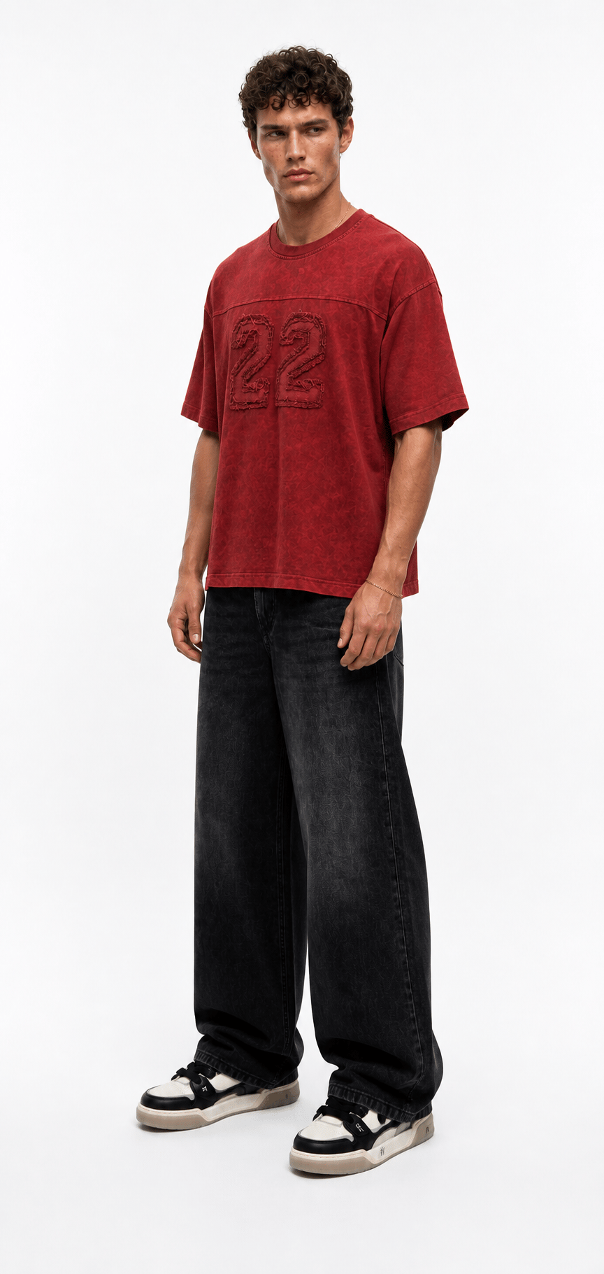 Erkek 22 Nakışlı Yıkamalı Oversize T-Shirt Bordo