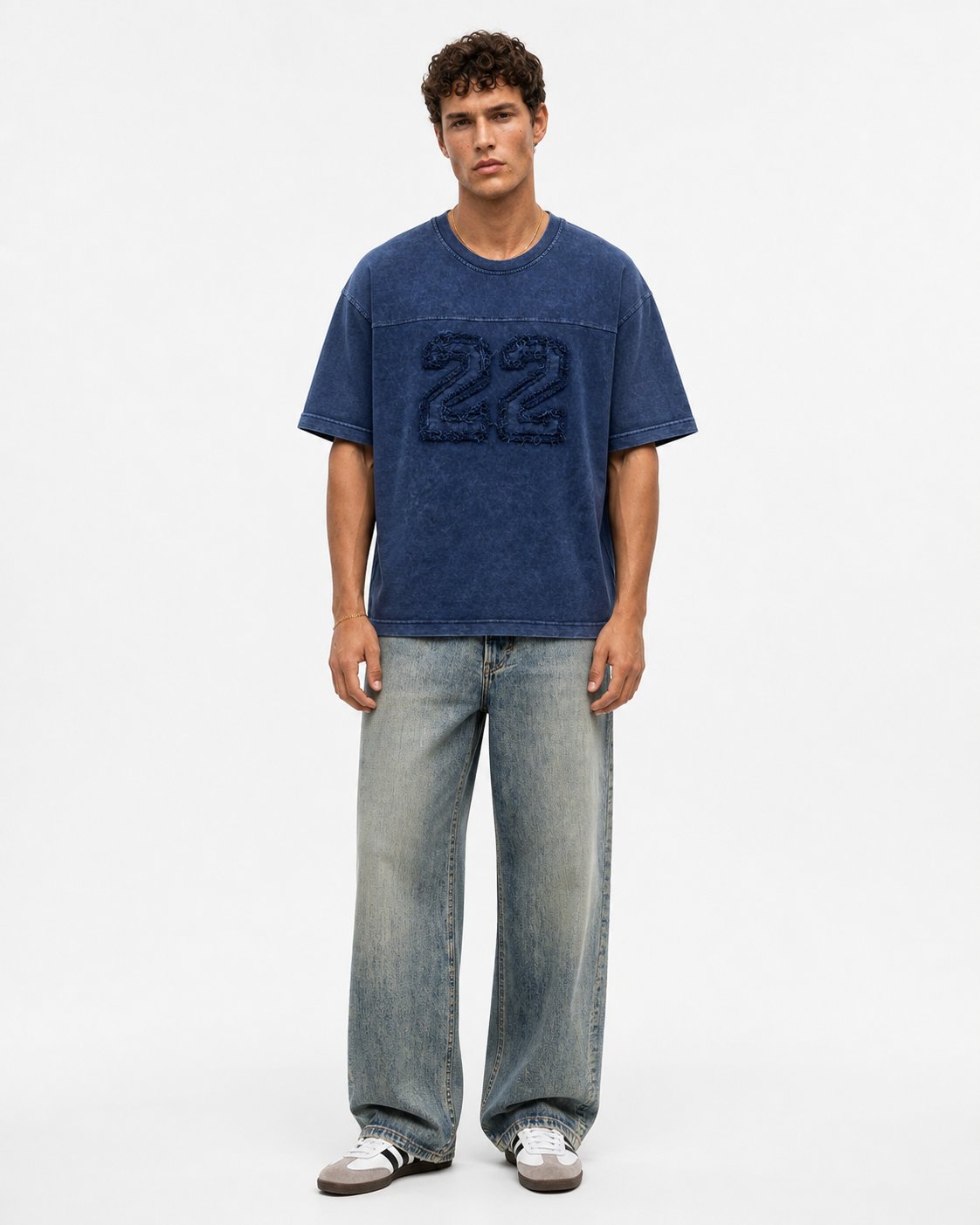 Erkek 22 Nakışlı Yıkamalı Oversize T-Shirt Lacivert