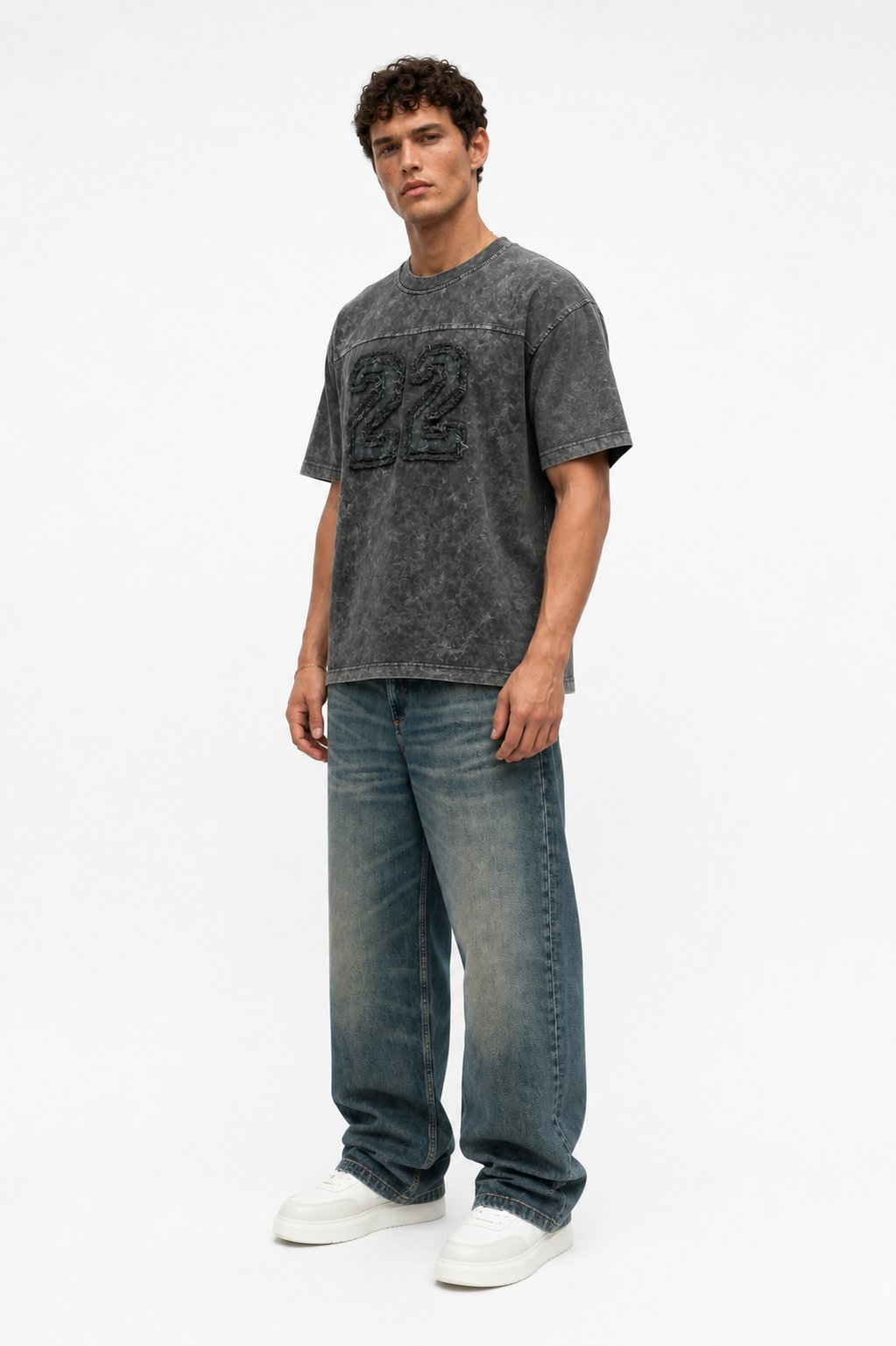 Erkek 22 Nakışlı Yıkamalı Oversize T-Shirt Siyah