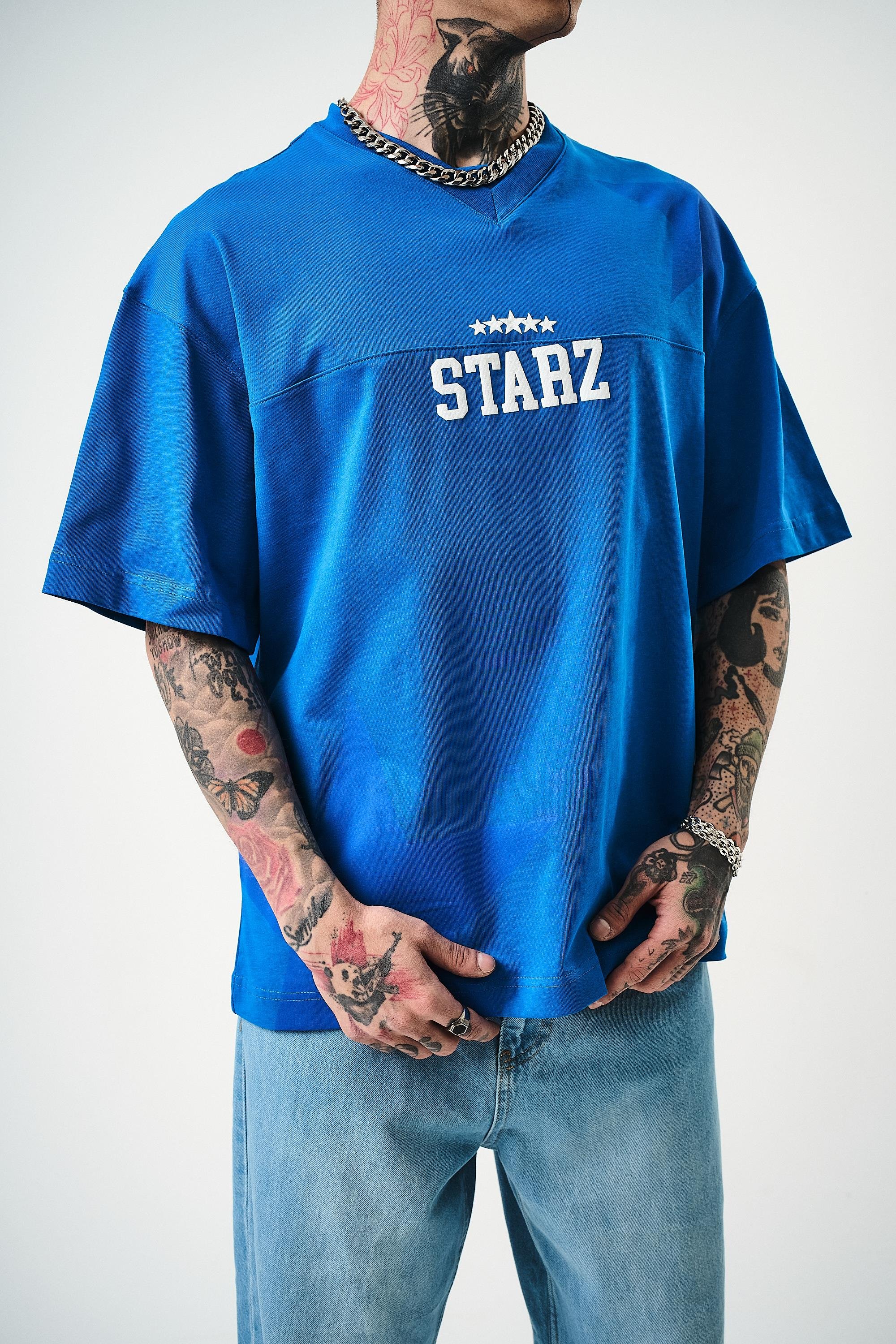 Erkek 22 Starz Baskılı Oversize T-Shirt Mavi