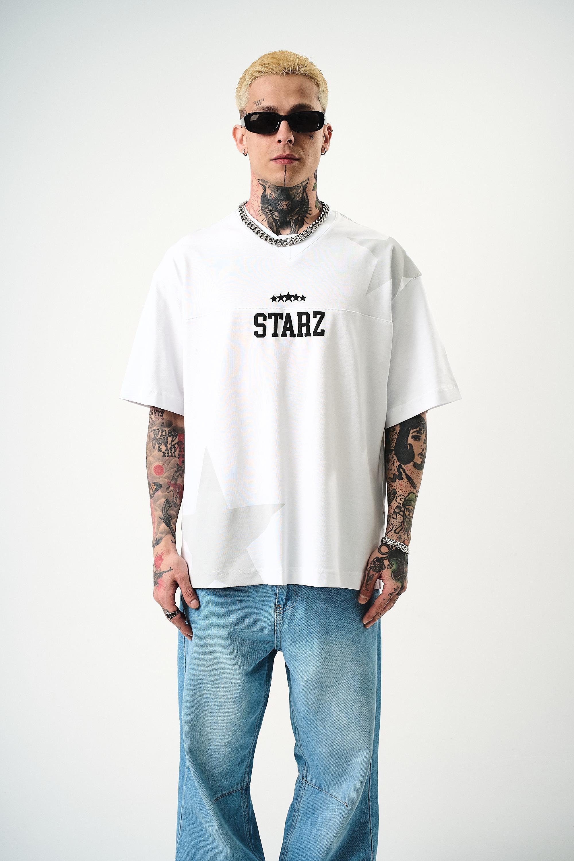 Erkek 22 Starz Baskılı Oversize T-Shirt Beyaz