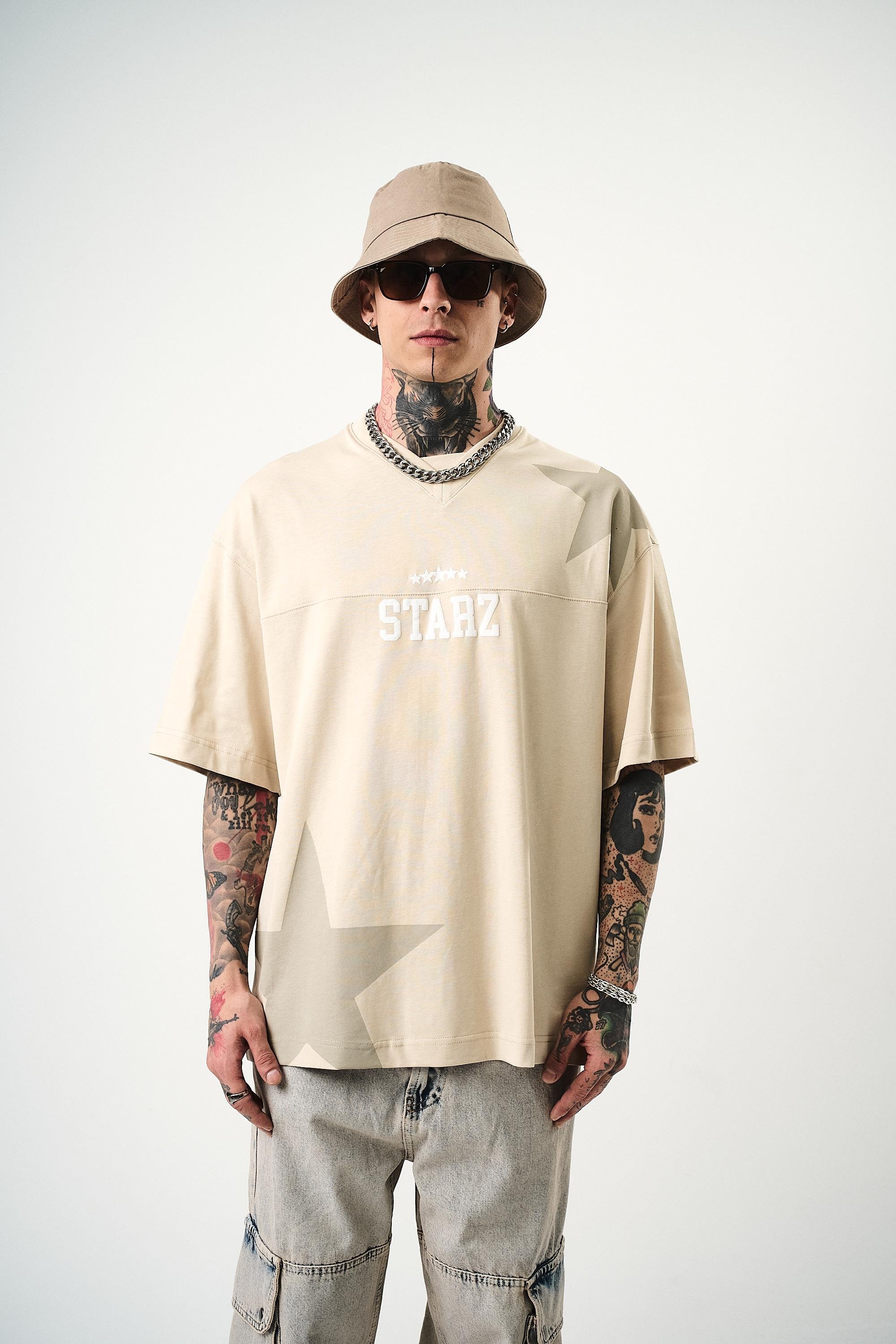 Erkek 22 Starz Baskılı Oversize T-Shirt Bej