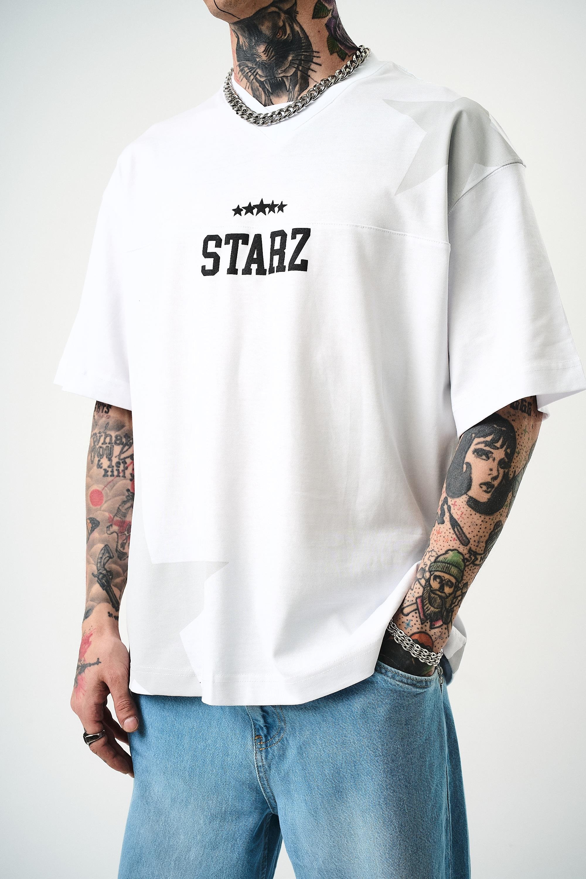 Erkek 22 Starz Baskılı Oversize T-Shirt Beyaz