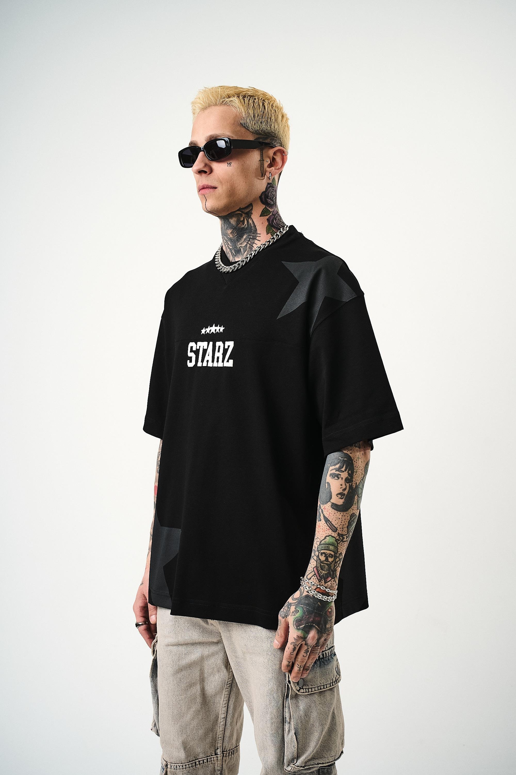 Erkek 22 Starz Baskılı Oversize T-Shirt Siyah