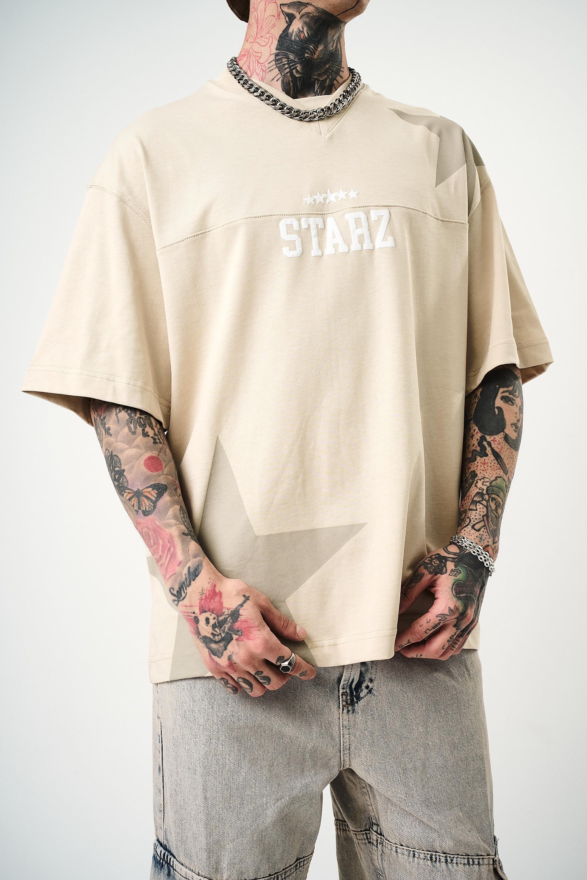 Erkek 22 Starz Baskılı Oversize T-Shirt Bej