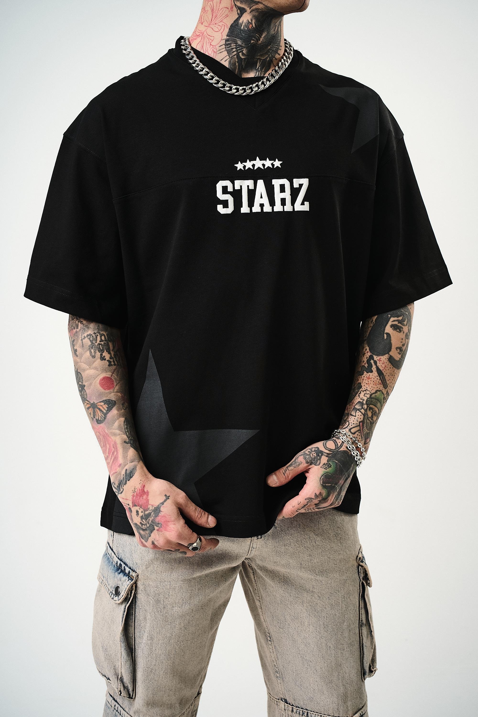 Erkek 22 Starz Baskılı Oversize T-Shirt Siyah