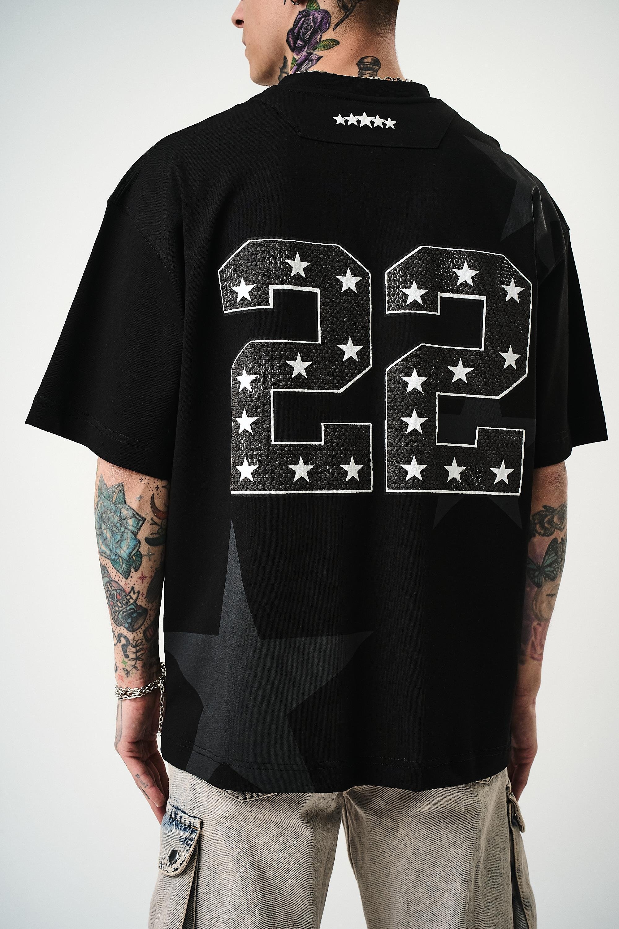 Erkek 22 Starz Baskılı Oversize T-Shirt Siyah
