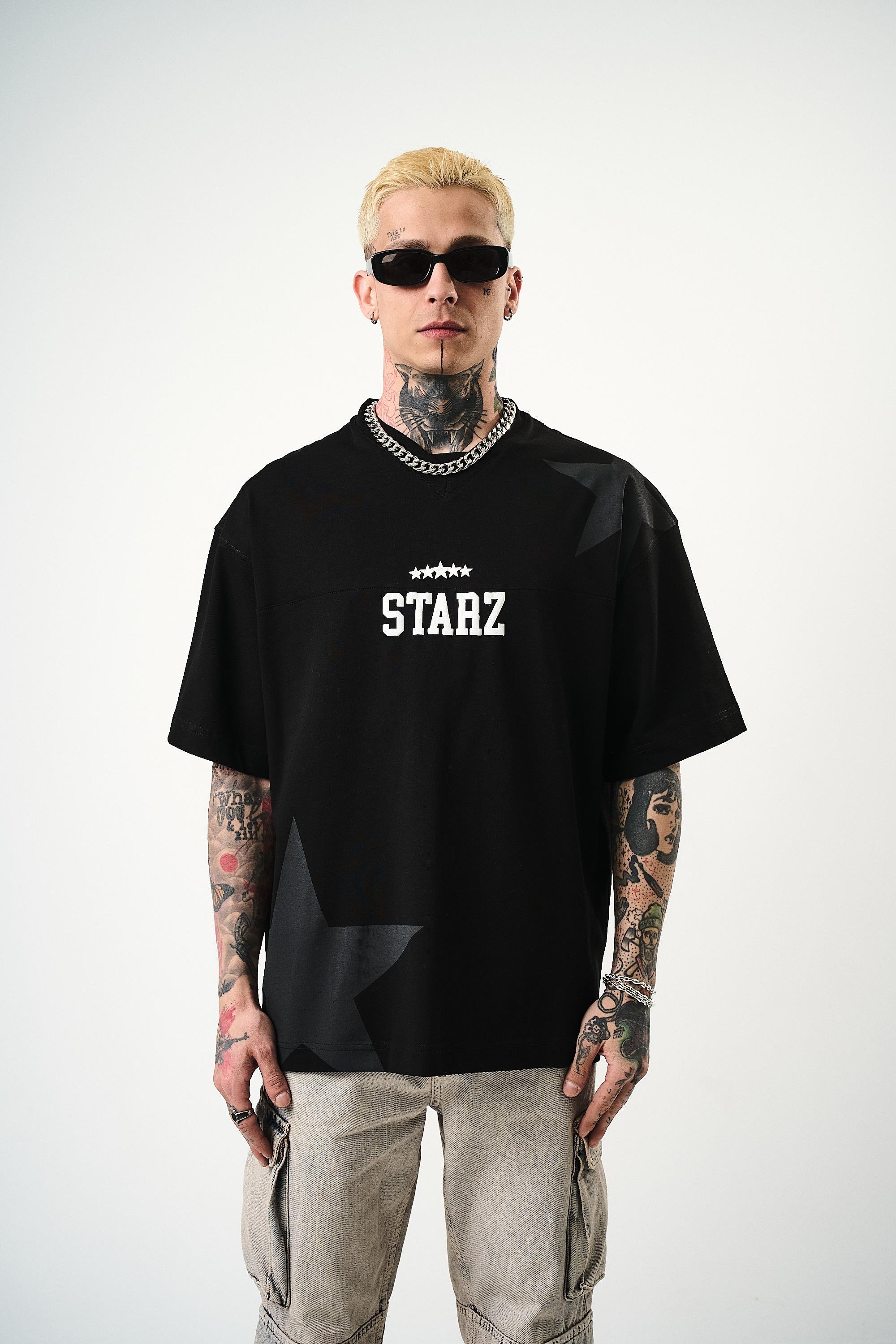 Erkek 22 Starz Baskılı Oversize T-Shirt Siyah