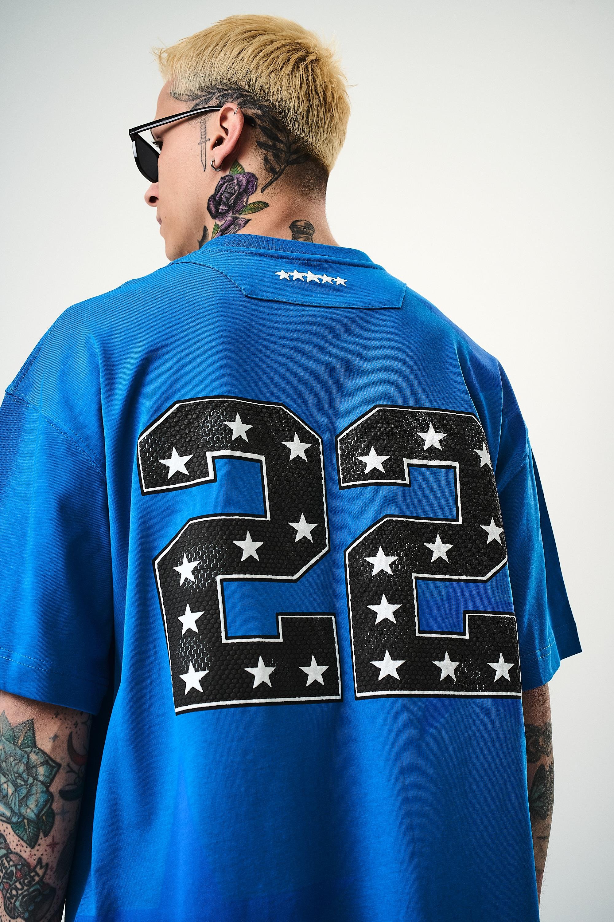 Erkek 22 Starz Baskılı Oversize T-Shirt Mavi