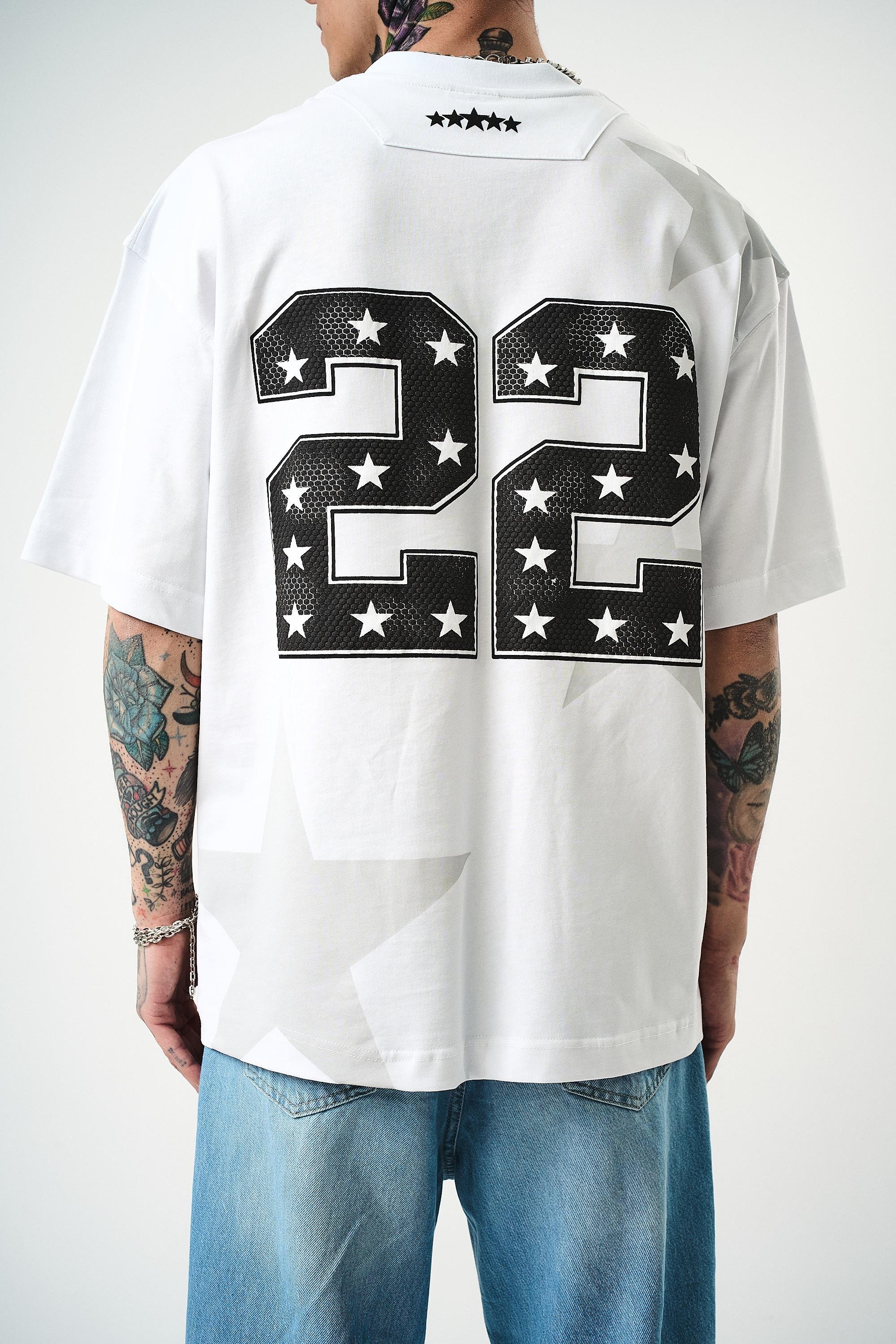 Erkek 22 Starz Baskılı Oversize T-Shirt Beyaz