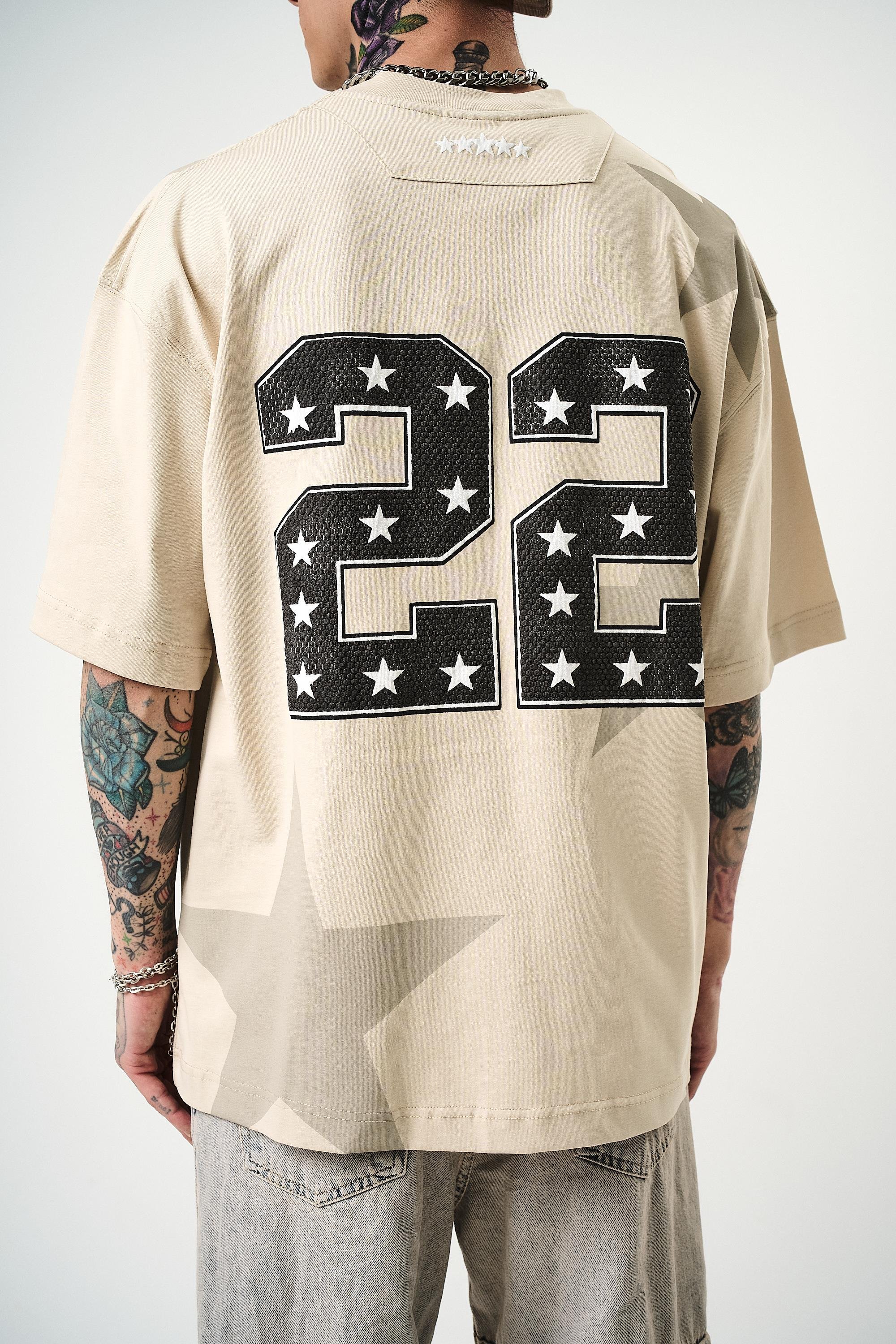 Erkek 22 Starz Baskılı Oversize T-Shirt Bej