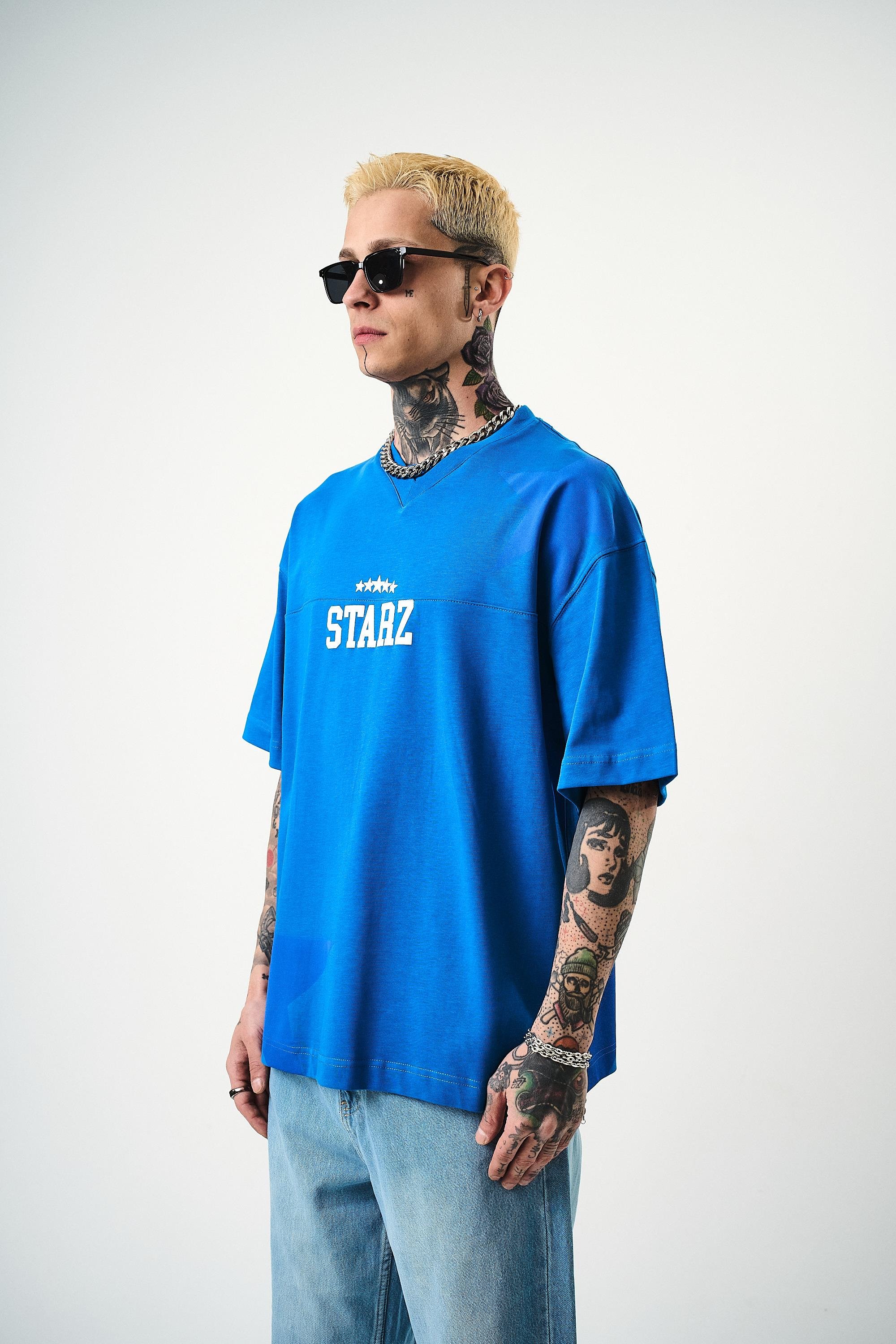 Erkek 22 Starz Baskılı Oversize T-Shirt Mavi