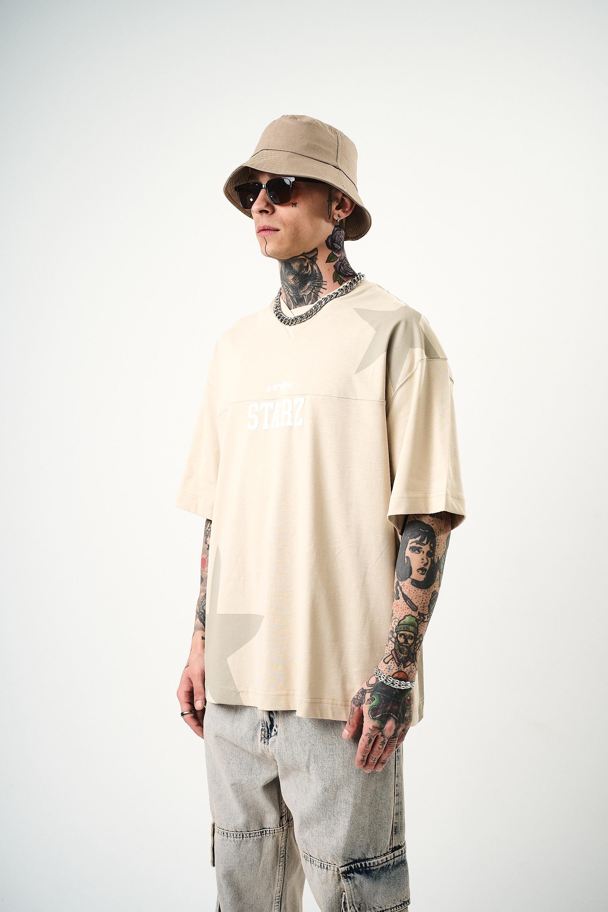 Erkek 22 Starz Baskılı Oversize T-Shirt Bej