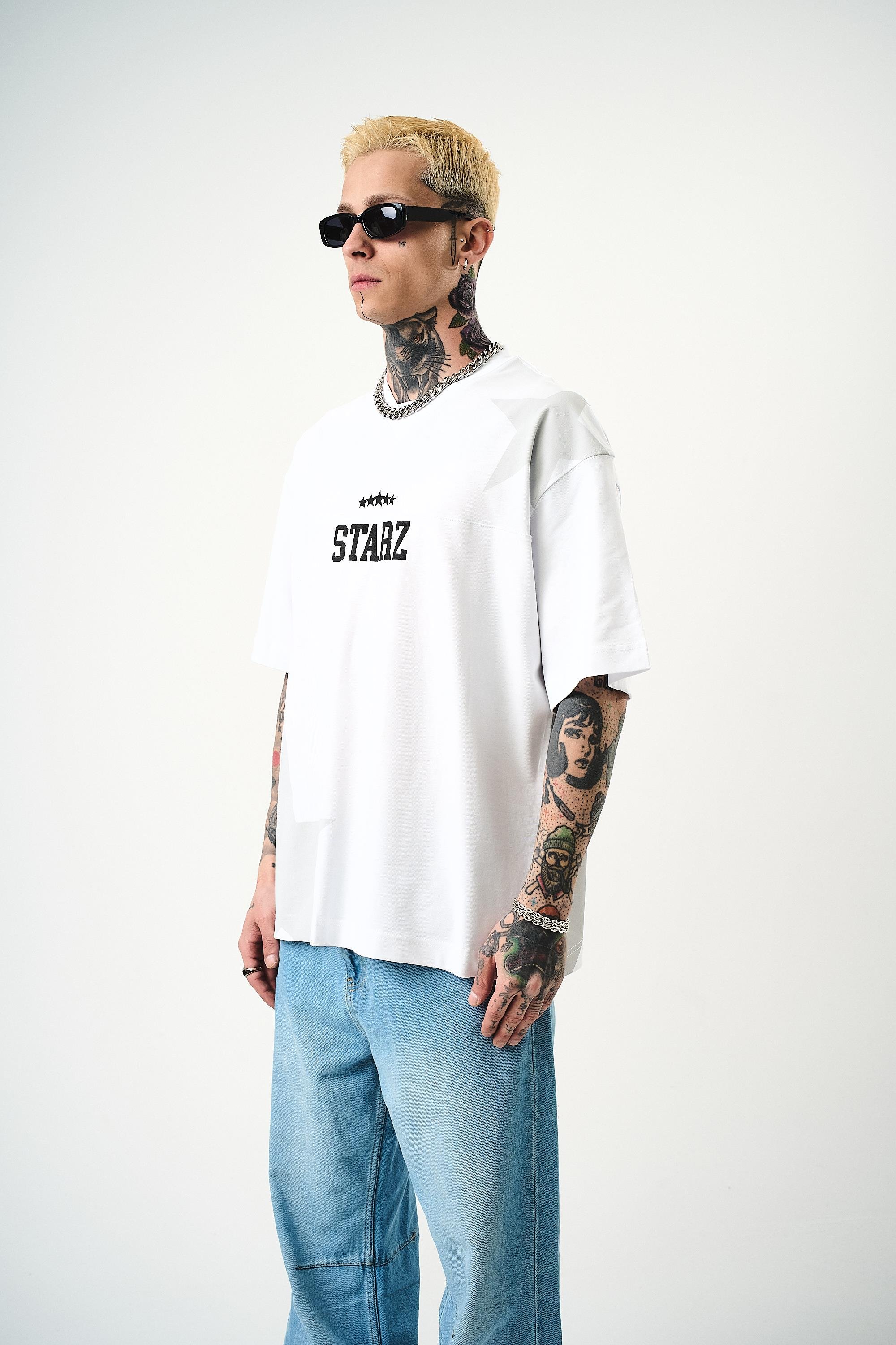 Erkek 22 Starz Baskılı Oversize T-Shirt Beyaz