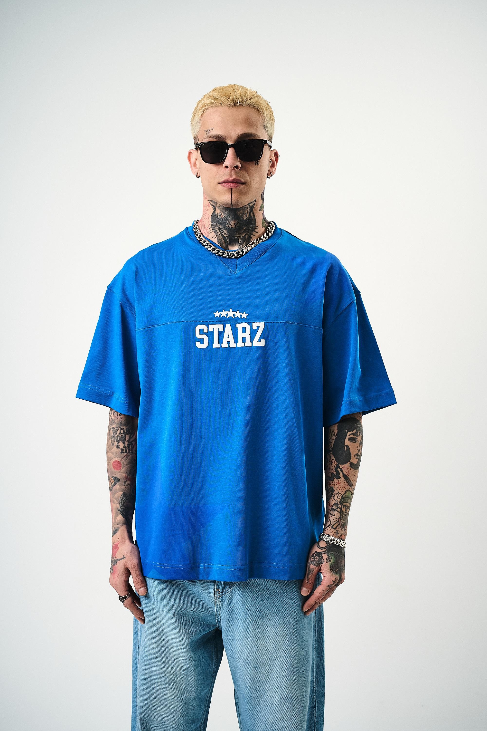 Erkek 22 Starz Baskılı Oversize T-Shirt Mavi