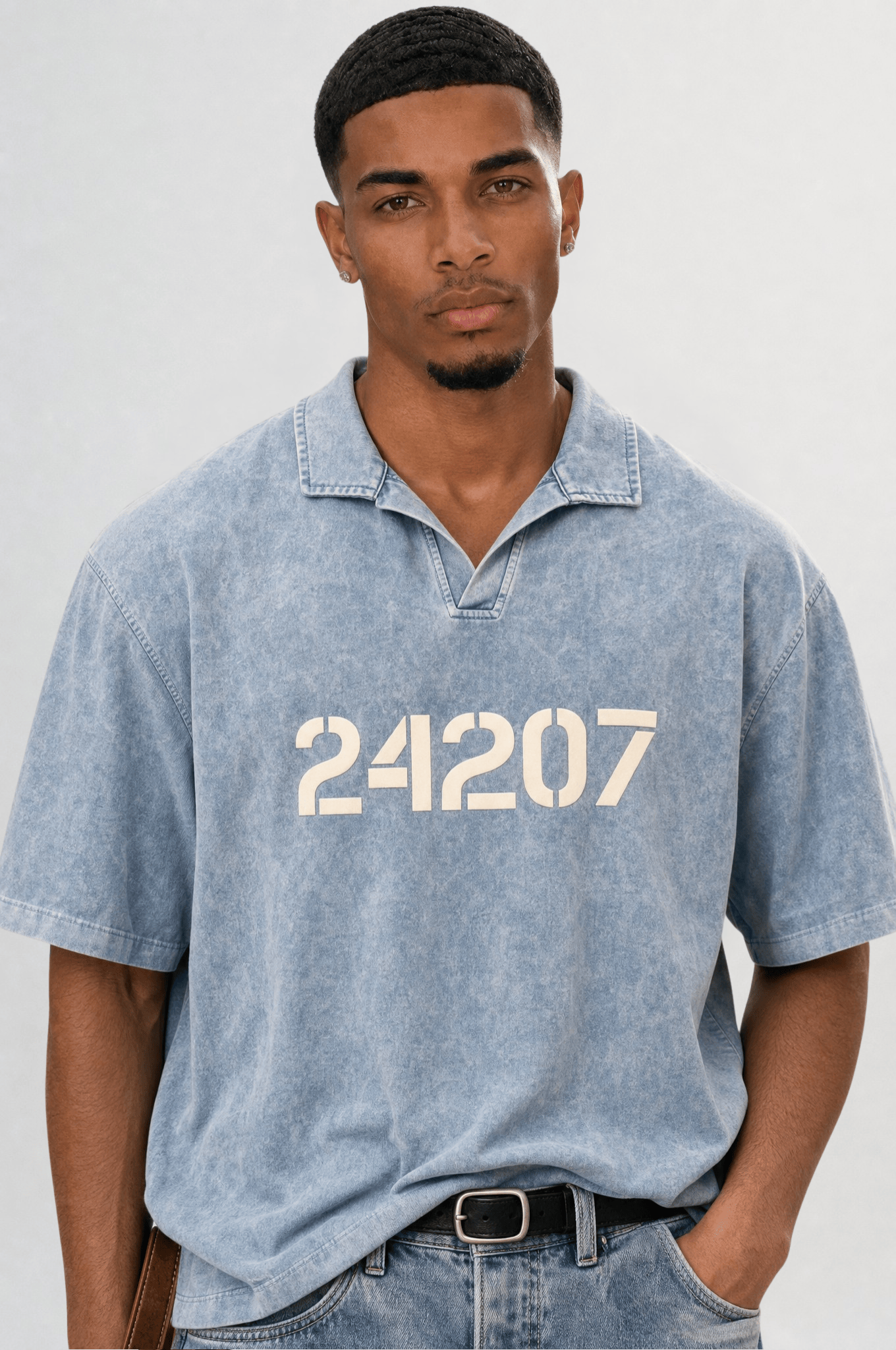 Erkek 24207 Baskılı Yıkamalı Oversize T-Shirt Mavi
