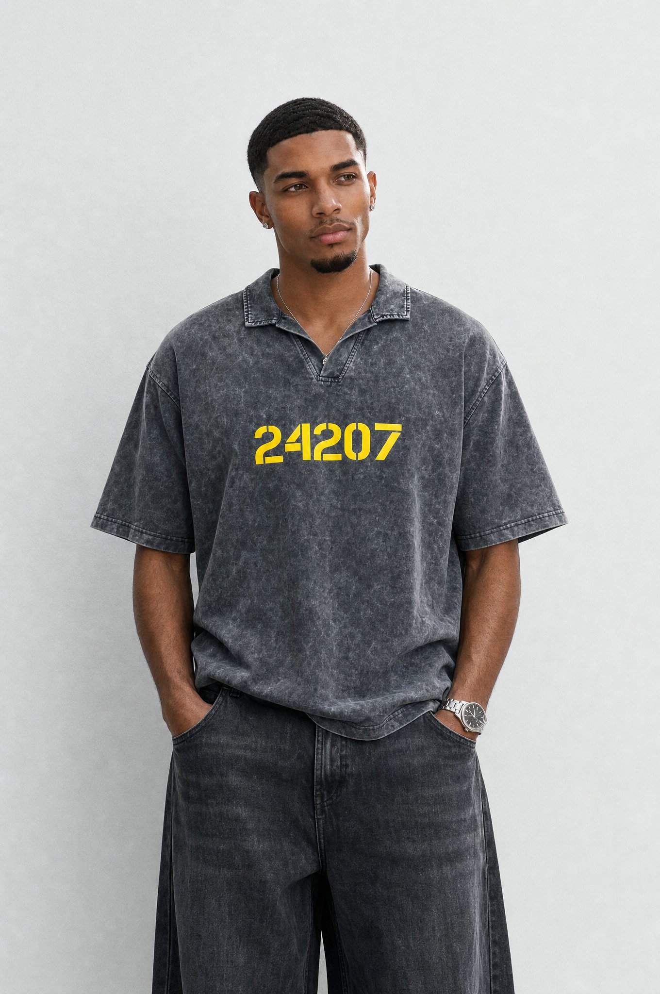 Erkek 24207 Baskılı Yıkamalı Oversize T-Shirt Siyah