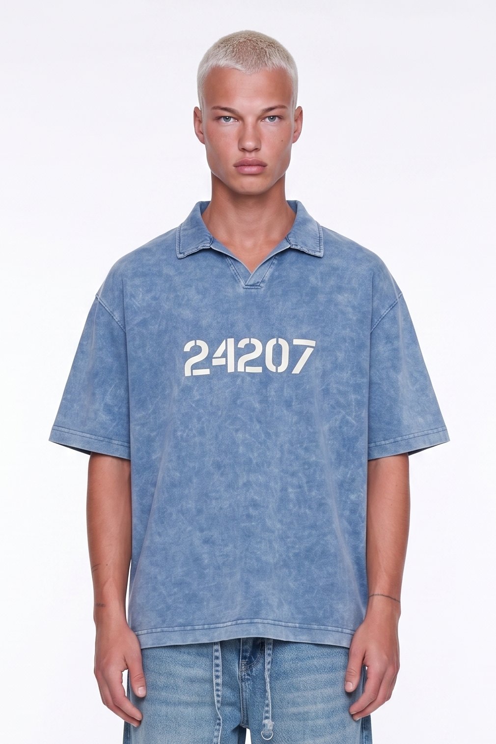 Erkek 24207 Baskılı Yıkamalı Oversize T-Shirt Mavi